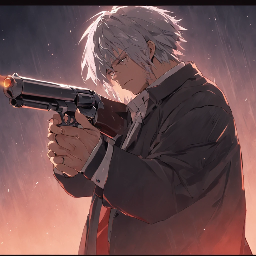 4K,   ,middle aged man，Big back，Black and white hair，shotgun，stubbles，holding a gun in her hand，shotgun，wind coat，Business suit，cigars，irate ，Exaggerated expressions，two tone color hair， Detailed face, Detailed background,  Inside the museum，Detailed interior background，The contour is sharp