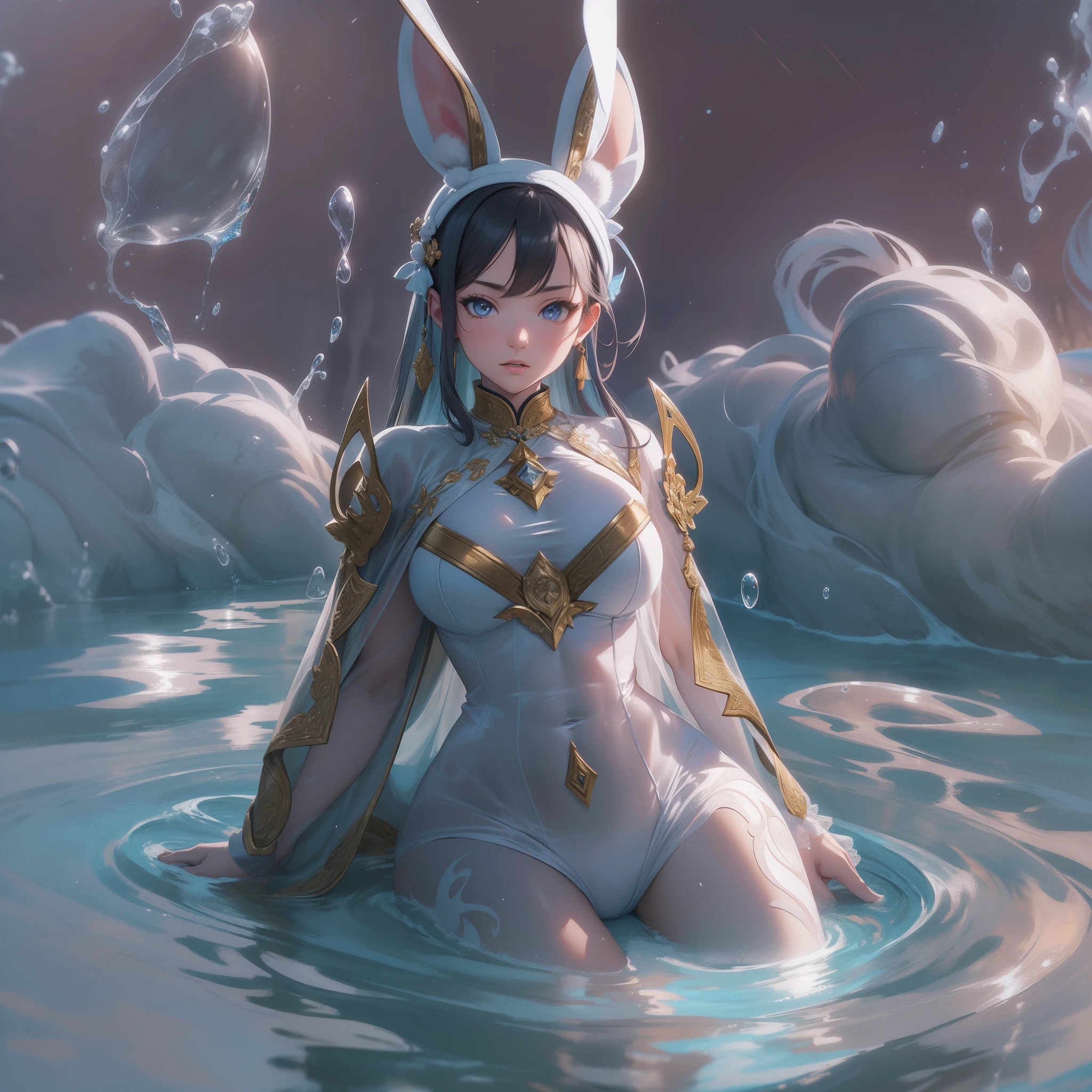 ((Masterpiece, Highest quality)), Detailed face, CharacterDesignSheet,perfectly proportions,full bodyesbian, Full of details, Multiple poses and expressions, Highly detailed, Beautiful Paladin girl surrounded by huge swirling floating water vapor,Starry sky clouds,The most informative,Neutral style,full bodyesbian,Chinese traditional style,Wear a bunny suit,sparkling water reflections,hyper realistic photography,Realistic shadows and lighting,glowing effect,ultra - detailed,8K,ultra-realistic realism