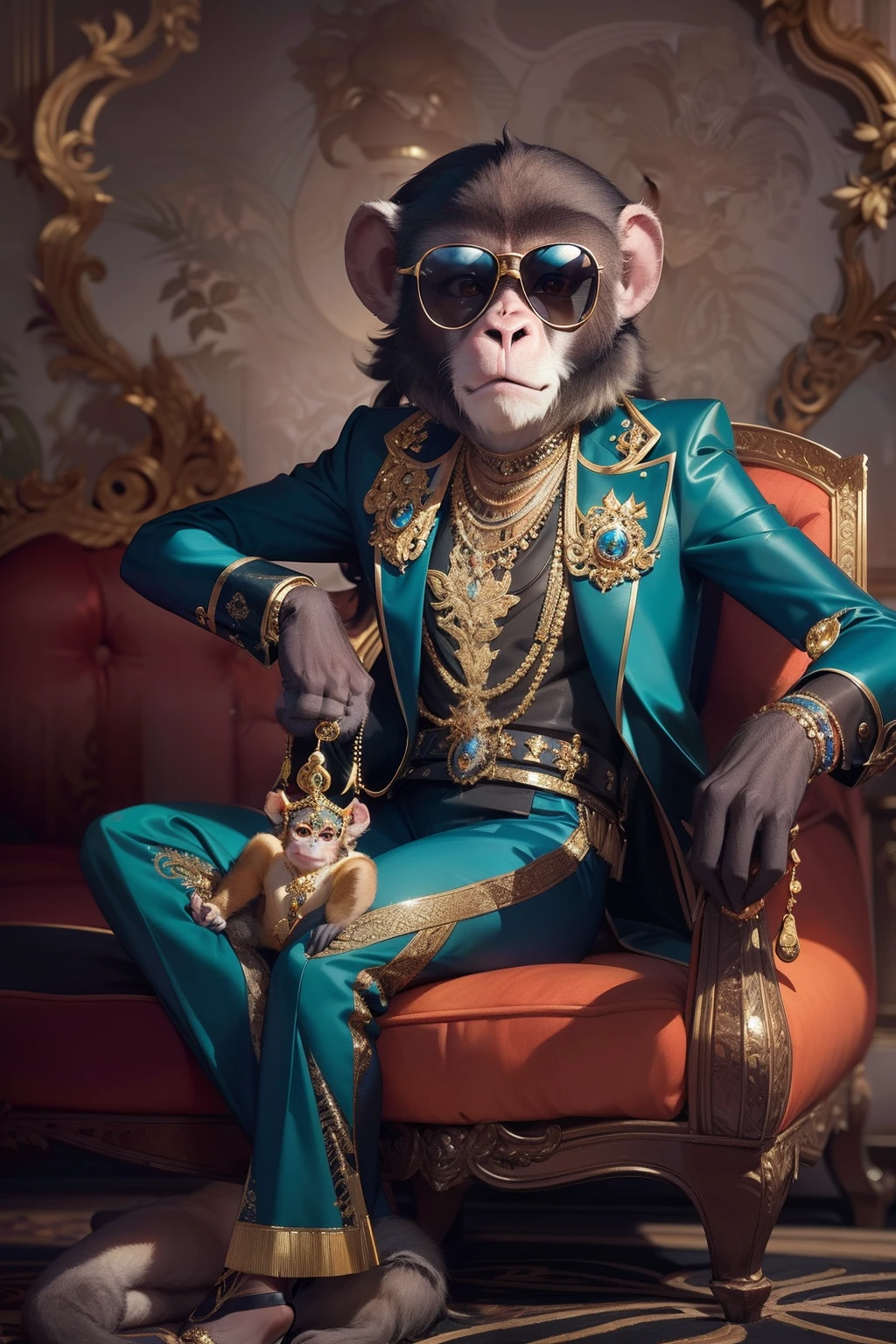 Fashionable Monkey wearing a luxurious ensemble of gem-studded sunglasses and a gold jewelry set, basking in the spotlight of a glamorous photo shoot. The monkey exudes confidence with its chic attire and impeccable grooming. The background features a shimmering display of opulent gemstones, accentuating the primate's refined taste. Captured from a high angle, the composition highlights the monkey's poised posture and stylish accessories. The photograph, with its rich colors and exquisite details, exudes an air of sophistication and elegance. Photographed by a renowned fashion photographer, this image showcases the seamless fusion of animal charm and haute couture.