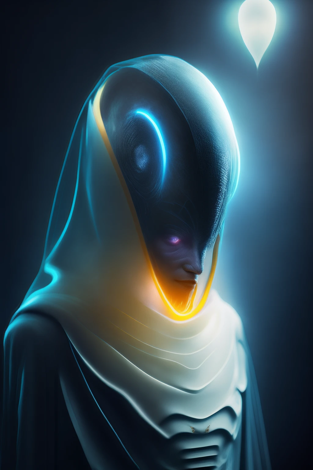 ghostly portrait of a futuristic alien from another dimension creator of the universe