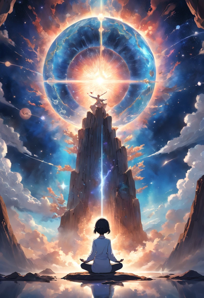 suppose you split a picture into two main sections, The upper half features a vast universe filled with beautiful galaxies, And the lower half is、Shows a cross section of the Earth up to the mantle. at centre, Where both worlds meet, Girl sitting in zen meditation pose.
A pillar of light emanates from the human head, Reach upwards、Fusion into cosmic celestial bodies. This light represents a connection with the universe, Symbiosis of the individual with the infinite mysteries of the universe. simultaneously, Another pillar of light is、Coming down from where humans are sitting, Penetrating deep into the Earth's mantle. This is、Means a grounding connection with the earth, Transcending it through meditation、Anchoring a person to physical reality.
The lighting in this image is as balanced as air, Emphasize the duality of existence: Physical and metaphysical. Using a wide-angle lens, 16-35mm f, etc./2.8, You can capture this wide range, Small openings like F/11 allows you to focus on all elements.
Regarding lighting, The soft, Throwing diffused light on a meditating figure、should give an almost ethereal glow, Meaning the illumination of enlightenment. for the background, Select Dynamic Contrast and click、Fly out of the galaxy and the inner layers of the Earth, presumably、Use post-production techniques to fine-tune details.