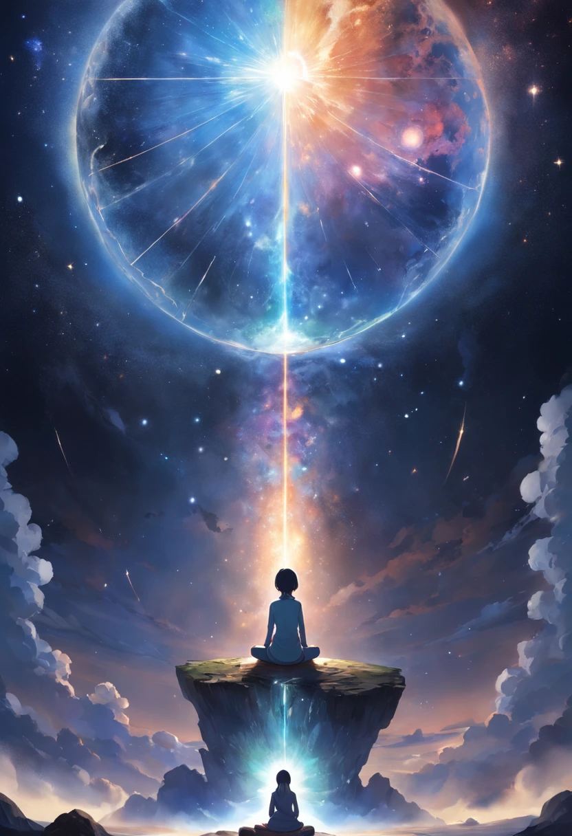 suppose you split a picture into two main sections, The upper half features a vast universe filled with beautiful galaxies, And the lower half is、Shows a cross section of the Earth up to the mantle. at centre, Where both worlds meet, Girl sitting in zen meditation pose.
A pillar of light emanates from the human head, Reach upwards、Fusion into cosmic celestial bodies. This light represents a connection with the universe, Symbiosis of the individual with the infinite mysteries of the universe. simultaneously, Another pillar of light is、Coming down from where humans are sitting, Penetrating deep into the Earth's mantle. This is、Means a grounding connection with the earth, Transcending it through meditation、Anchoring a person to physical reality.
The lighting in this image is as balanced as air, Emphasize the duality of existence: Physical and metaphysical. Using a wide-angle lens, 16-35mm f, etc./2.8, You can capture this wide range, Small openings like F/11 allows you to focus on all elements.
Regarding lighting, The soft, Throwing diffused light on a meditating figure、should give an almost ethereal glow, Meaning the illumination of enlightenment. for the background, Select Dynamic Contrast and click、Fly out of the galaxy and the inner layers of the Earth, presumably、Use post-production techniques to fine-tune details.