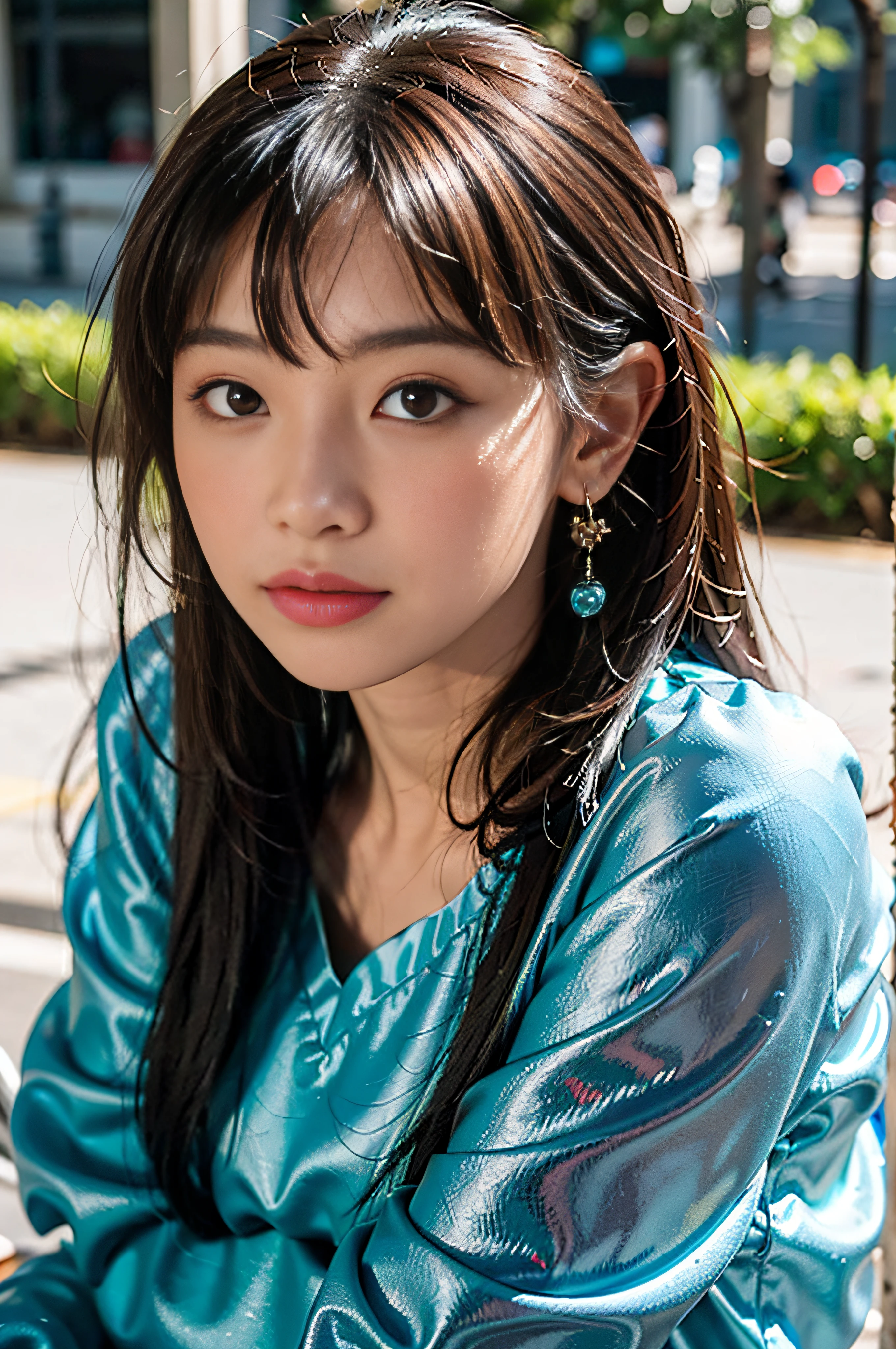 Charming Chinese dancer,face reta,messy bangs,pele branca pura,Antecedentes altamente detalhados,Mulher branca bonita com peitos grandes e macios e pele branca. peito enorme: 1.4,Rosto altamente detalhado, Olhos detalhados,
