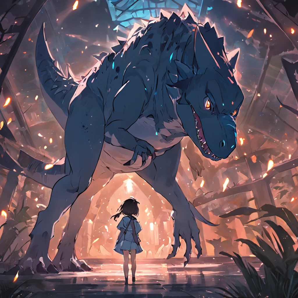 Dinosaurs carry wolves,Museum,nigth,Open your mouth,Tail facing the camera,Sweep the tail