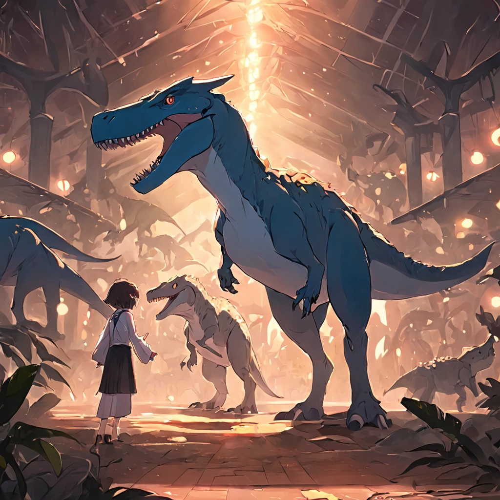 Dinosaurs carry wolves,Museum,nigth,Open your mouth,Tail facing the camera,Sweep the tail