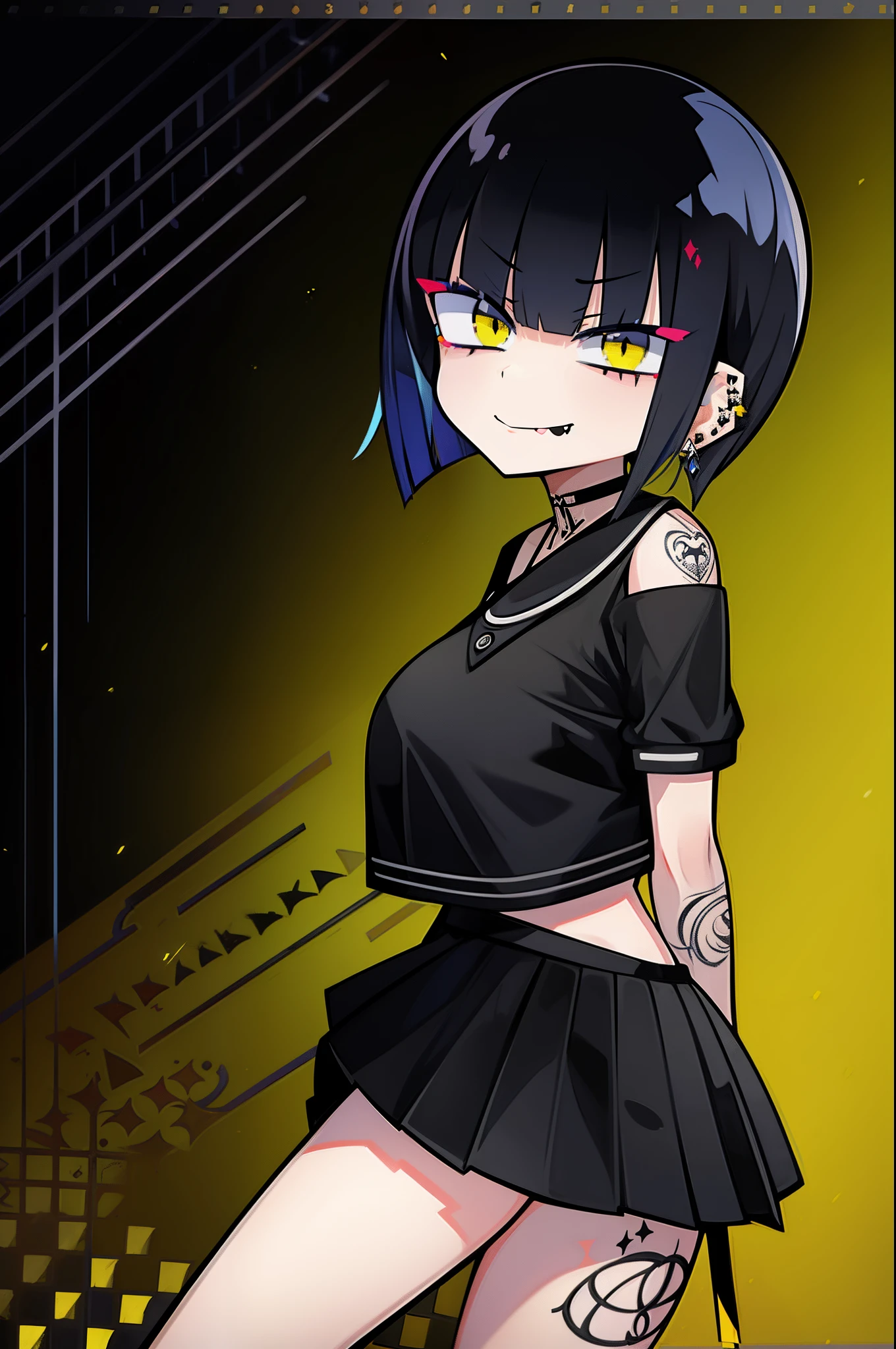 masterpiece, 1 girl, darkblue hair、messy, short hair、Pigtails, twintails, Blunt bangs, oblique bangs, Yellow slant eyes, x-shaped pupils, Detailed eye drawing、Thick eyebrows, Slim body, Slim legs, huge breasts, spike choker, spike leg ring, Black short sleeve shirt, Black pleated skirt, tattoos on the arms, tattoos on the leg, Lots of piercings, Black nails, Spiteful smile、fangs、Split tongue, Yellow back ground