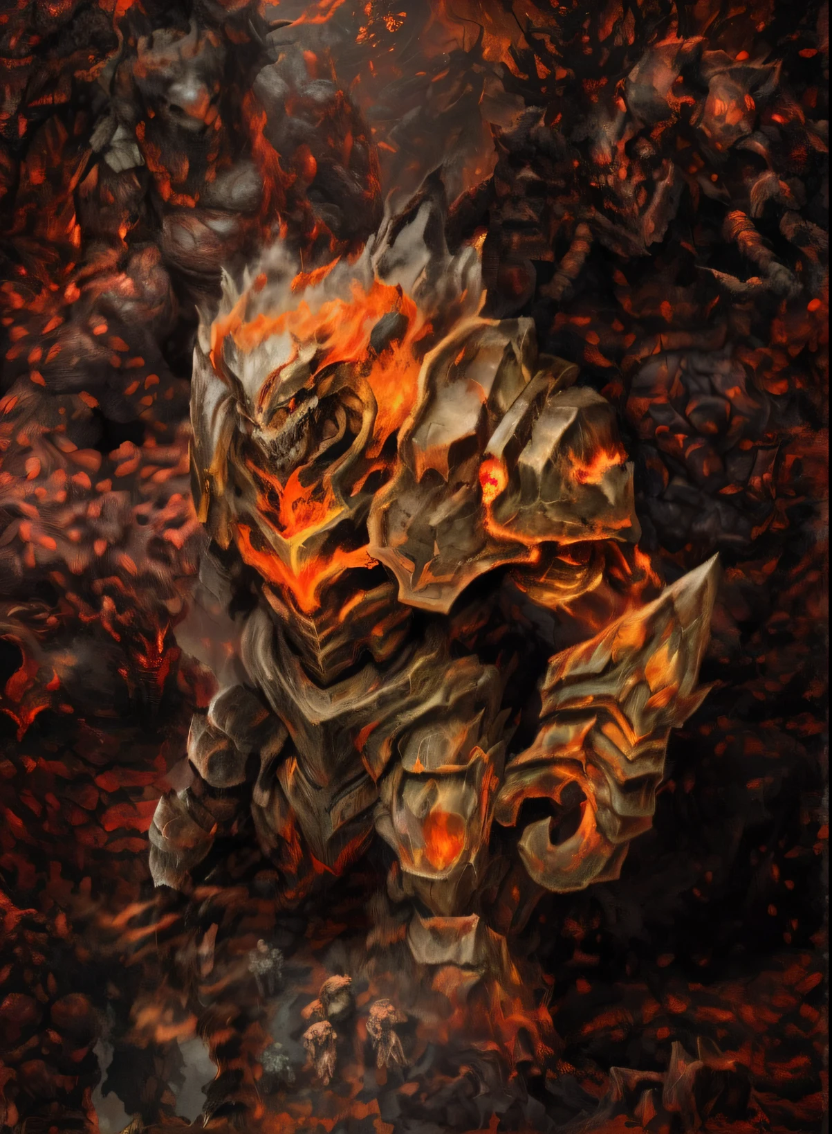 There was a man standing in the forest，Carry a fire, fire golem creature, Volcanic skeleton, theelementoffire, full dress of lava showcase, flame conjuring armored, detailed hot maw, Burnt armor, fire giant, minotaur from path of exile, stone golem, body with black and red lava, black fire color reflected armor, molten