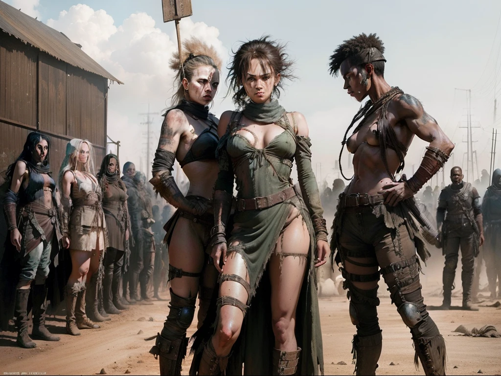 mad max slave market, lot of slaves, shibari, bent poses, bondaged, photo realistic, post apocalypt, strong sense of three-dimensional, by Hayao Miyazaki or Chesley Bonestell for the cover of Heavy Metal magazine, mad max, postapo