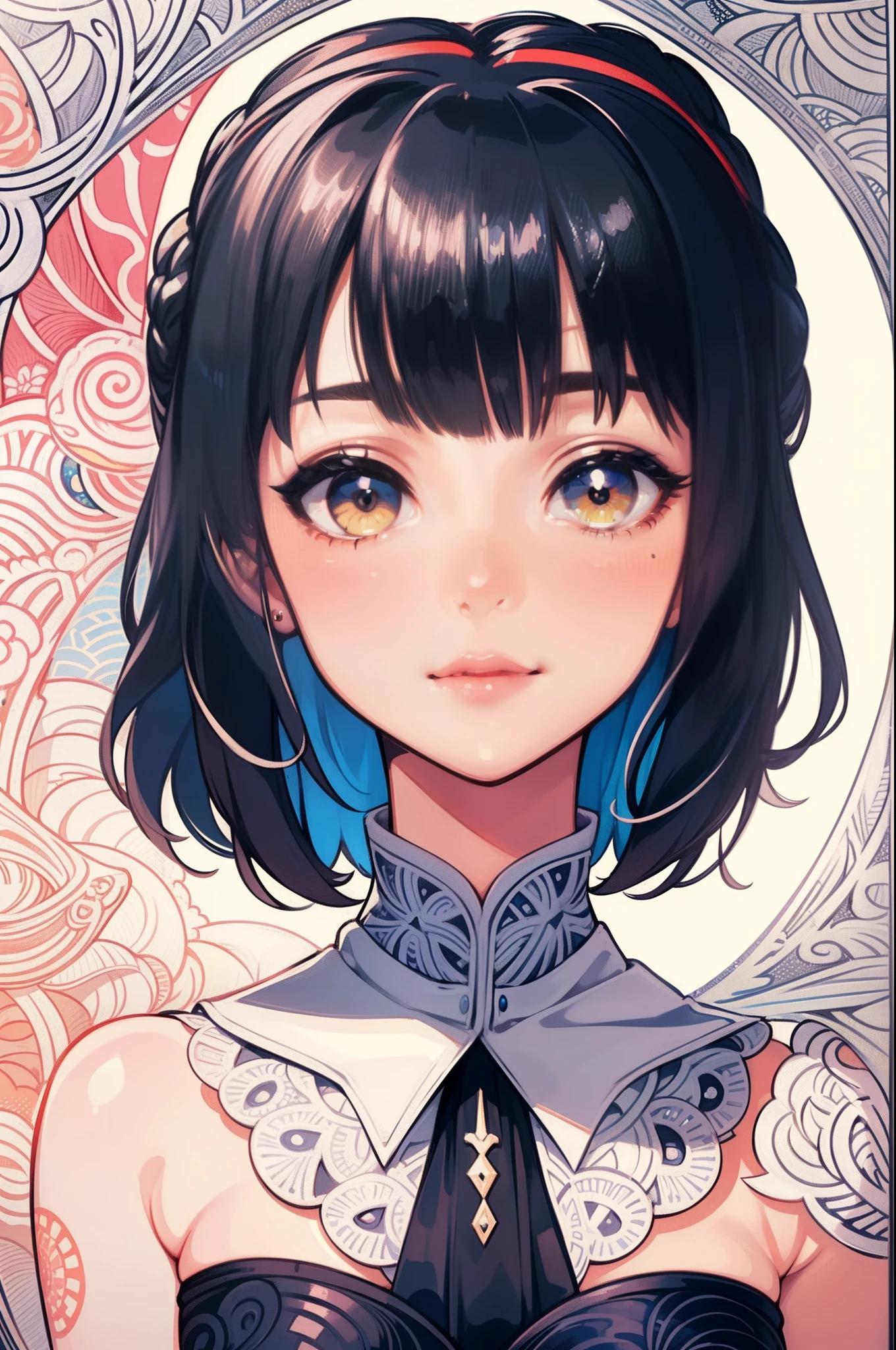 (Masterpiece), (best quality), illustration of close-up of young girl with freckles、blushed, anime, 1. **fashion**: wearing central Asian islam attire, 2. **hairstyle on**: (very very Short shining bright transparent Hair:1.5), tie her hair up, hair color is platina blond, transparent and shining hair, 3. **Features**: (((a girl like Audrey Hepburn in Roman Holiday))), ((close-up of face)), (smiling), (best angle), Looking to the Viewer, Contemporary Girl),(Big yellow crystal eyes), (round red lips), girl features with soft features、Beautiful、warm atmosphere, intelligent Beatty, Beautiful, smiling, happy, thinking about her boyfriend, looking to the viewers, 4. **accessorized**:Accessories play important role to express her feeling, By drawing accessories with attention to detail、You can give your character personality. 5. **background**: white background,(zentangle background:1.4), (shining brightly), ((dazzling)), ((3D)), ((paper art:1.3)), (((colorful tone))), (Art Nouveau illustration:1.3,zentangle art:1.3, paper art:1.4), (Reasonable design, Clear lines, High Sharpness, Best Quality, Very detailed, masterpiece, Movie Light Effects, 8K), (3D), Colorful, Happy, best angle, fashion photo , model, cool