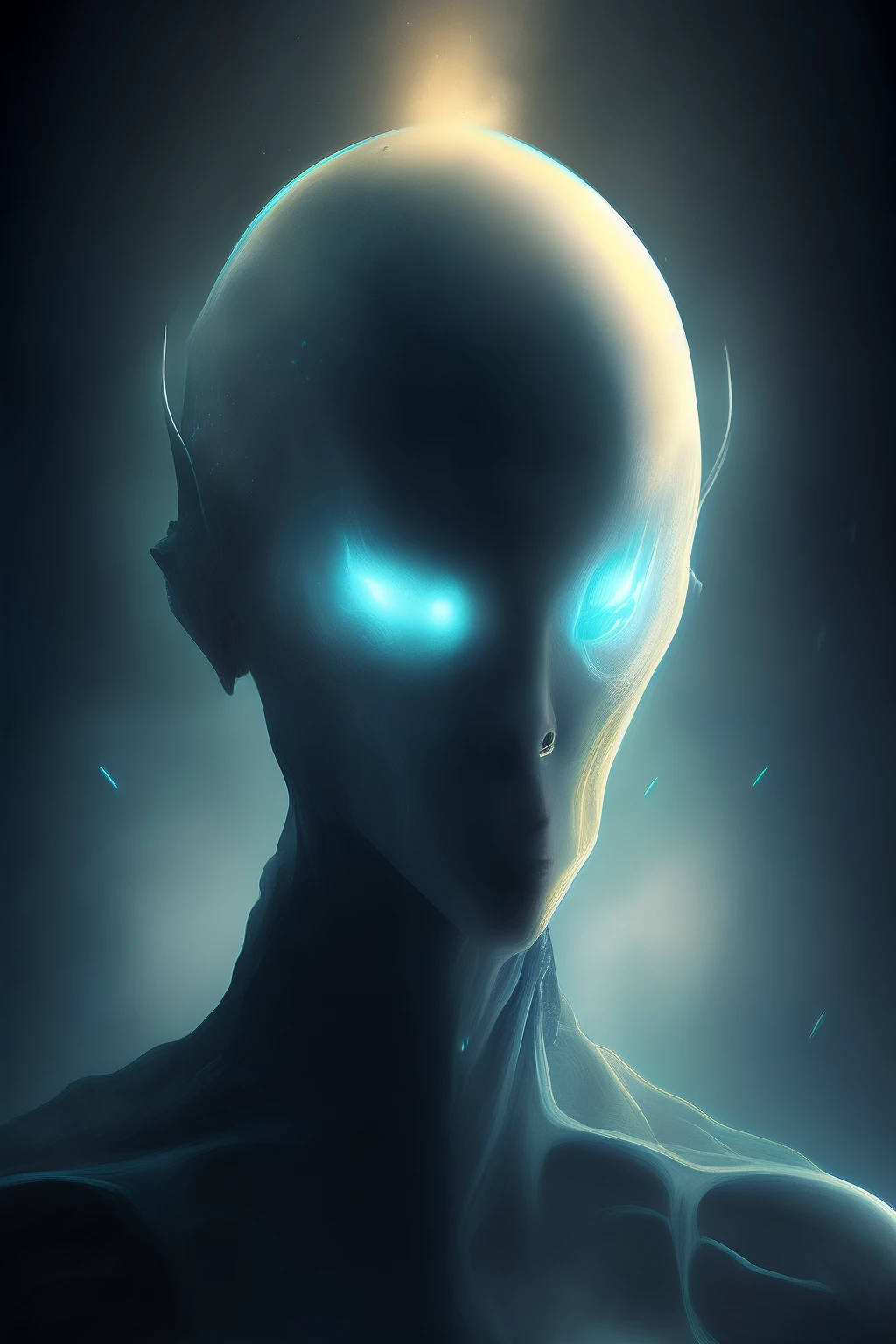 ghostly portrait of a futuristic alien from another dimension creator of the universe