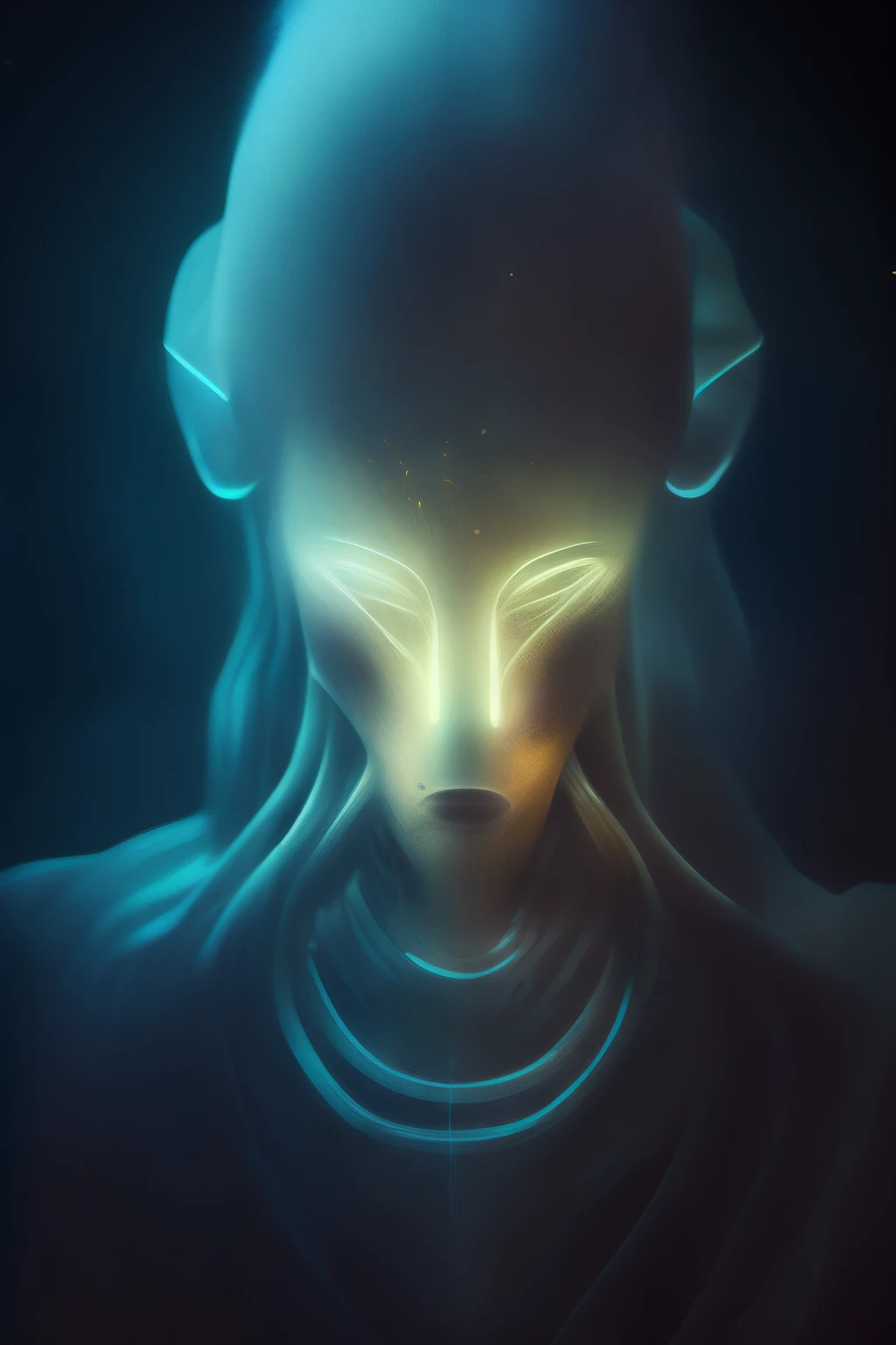 ghostly portrait of a futuristic alien from another dimension creator of the universe