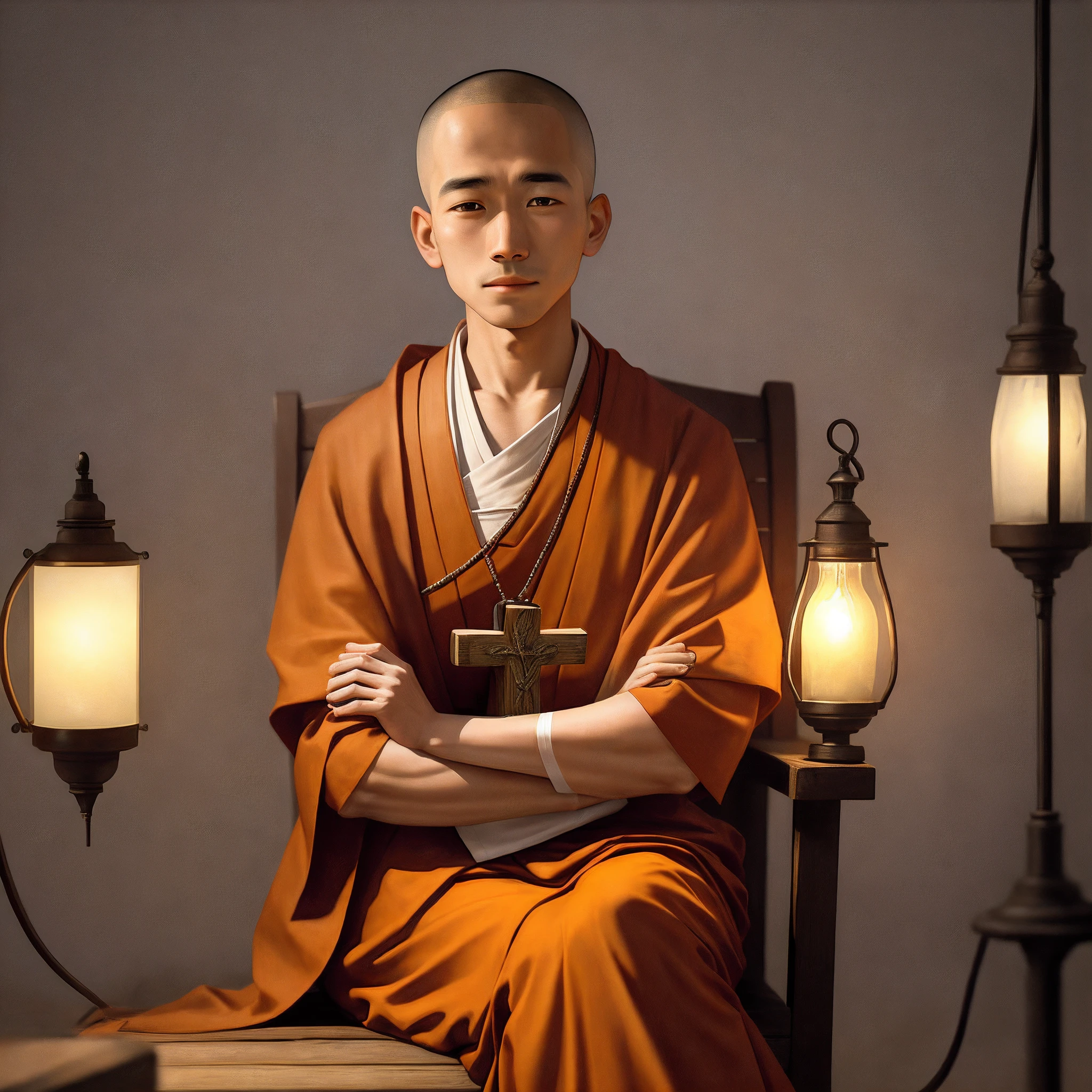 A small monk sits cross-legged,Holding a heart lamp,Look at ease,Dressed in yellow