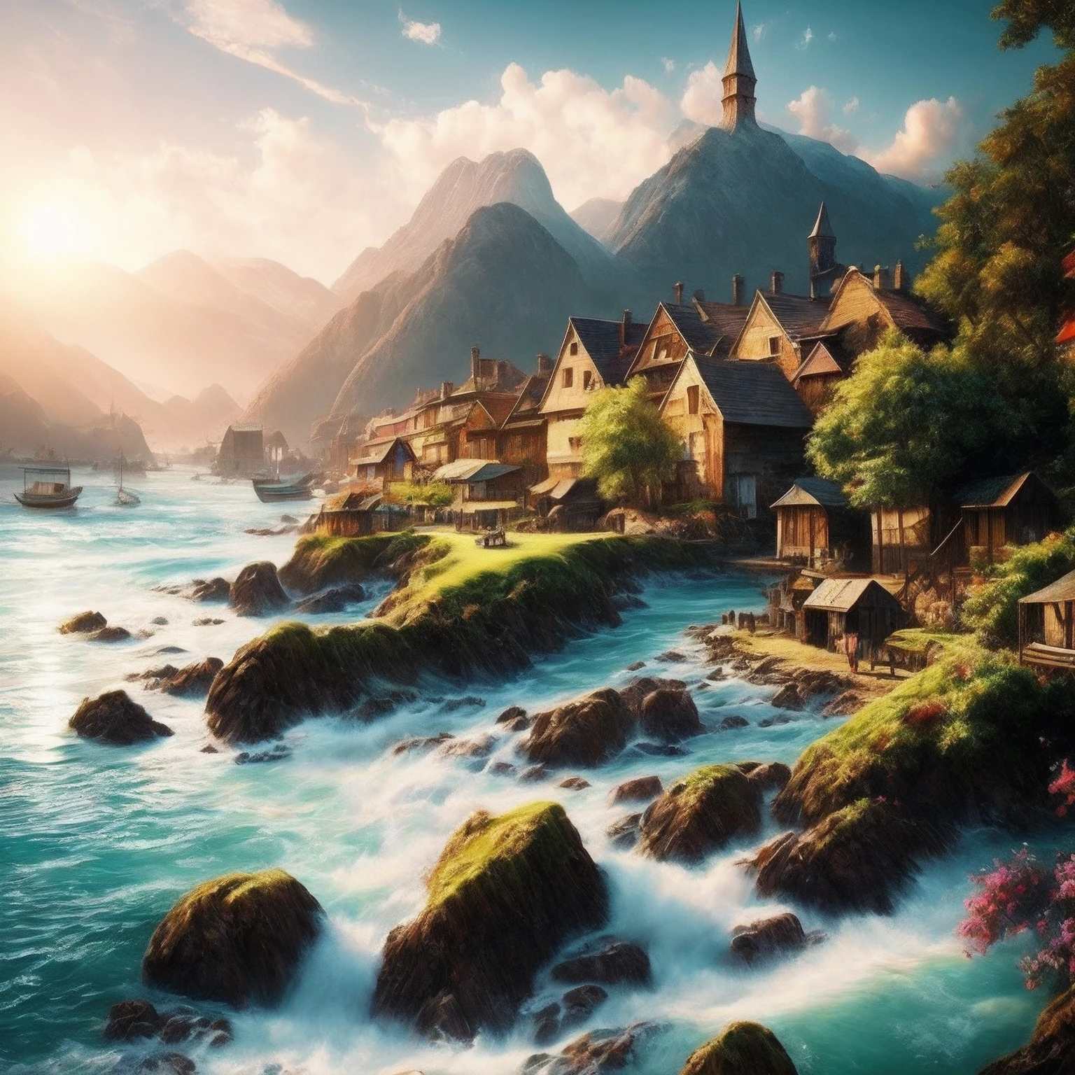 Stunningly beautiful fishing village landscape, by McKay, multicolored, swirling, quirky, Fantastic realism, surreal, surrealism, surrealistic, fantastical, whimsical, fantasy, grungy, haunting surrealism, grunge, moody, thought provoking, masterpiece painting, hyper detailed, composed using the golden ratio, lighting by Vladimir Volegov and Steve Hanks, award winning, highly detailed, perfect composition, beautiful detailed intricate insanely detailed octane render trending on artstation, 8k artistic photography, photorealistic concept art, soft natural volumetric cinematic perfect light, ultra hd, realistic, vivid colors, highly detailed, UHD drawing, pen and ink, perfect composition, beautiful detailed intricate insanely detailed octane render trending on artstation, 8k artistic photography, photorealistic concept art, soft natural volumetric cinematic perfect light, printable --auto