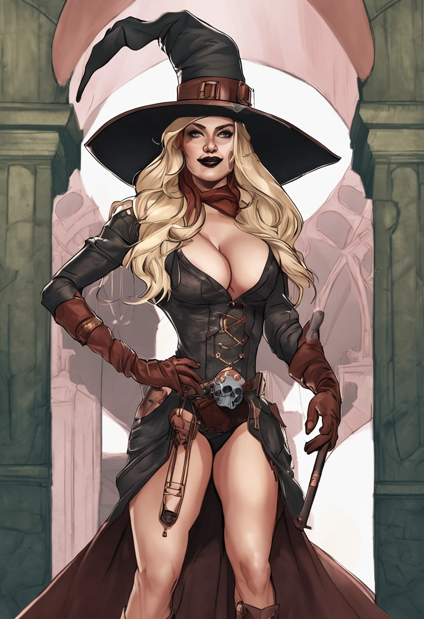 Maria brink a very beautiful animated sexy woman with a large hat and large wings with a staff, 1girl, breasts, hat, witch hat, solo, long hair, green eyes, glasses, staff, huge breasts, big tits, supple , sexy legs, sexy hips, beautiful face, hannahowo, edgOrgasm, face focus, edgOrgasm_face, Maximoff, cleavage, cape, gloves, helmet, brown hair, blue eyes