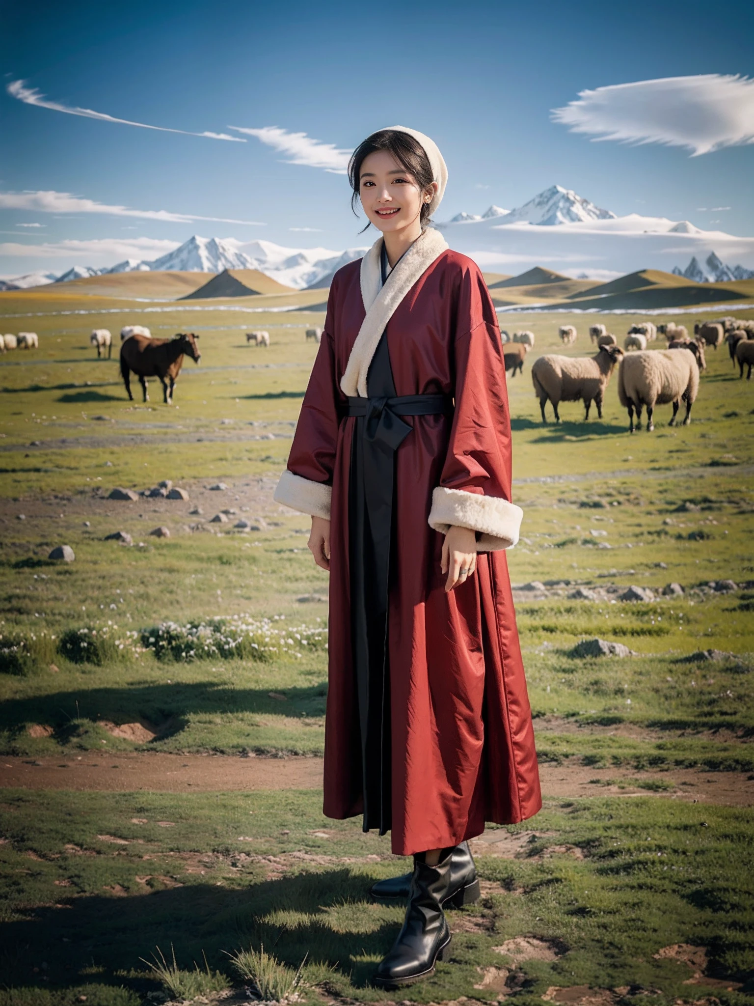 (Tomboyish,small head), (short-length straighthair: 1.2), Black hair,（极其细致的CG 8k壁纸），（Extremely refined and beautiful），（masterpiece），（best qualtiy：1.0），（超高分辨率：1.0），upper body，[A high resolution]，Smooth and flawless fair skin，ultra - detailed ，Slim，emaciated，happy，smile，Wrapped in a Mongolian headscarf，Wearing Gorgeous red Mongolian women's maxi robe，Long tube black Mongolian boots，Standing on the grassland，vast green grassland，sunny, blue sky, white clouds，flock of  Sheep, yurts，from front，Close-up，cowboy shot