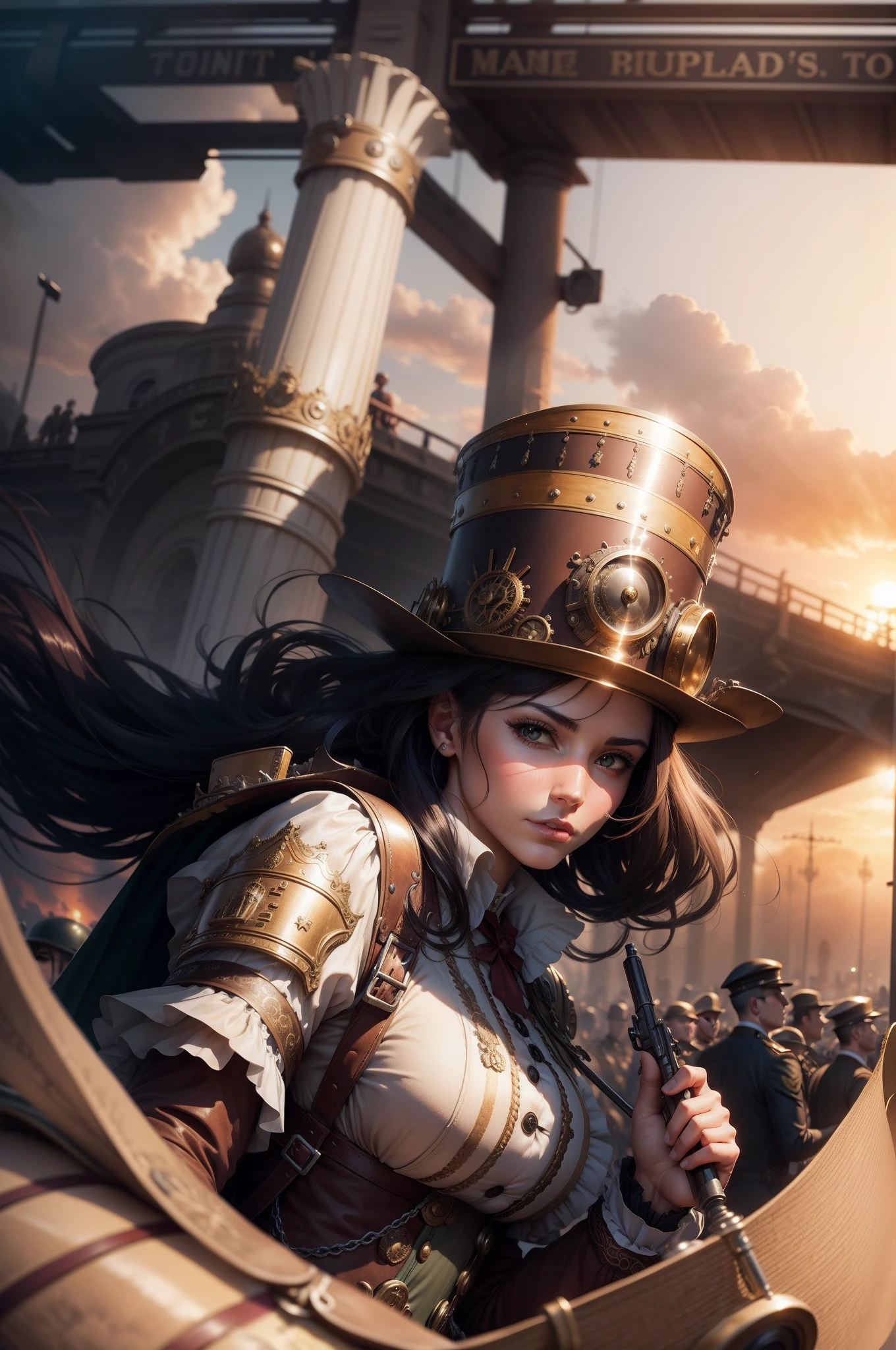 parade, steampunk, army marching, crowd, sunset, realistic, epic, hd, pov