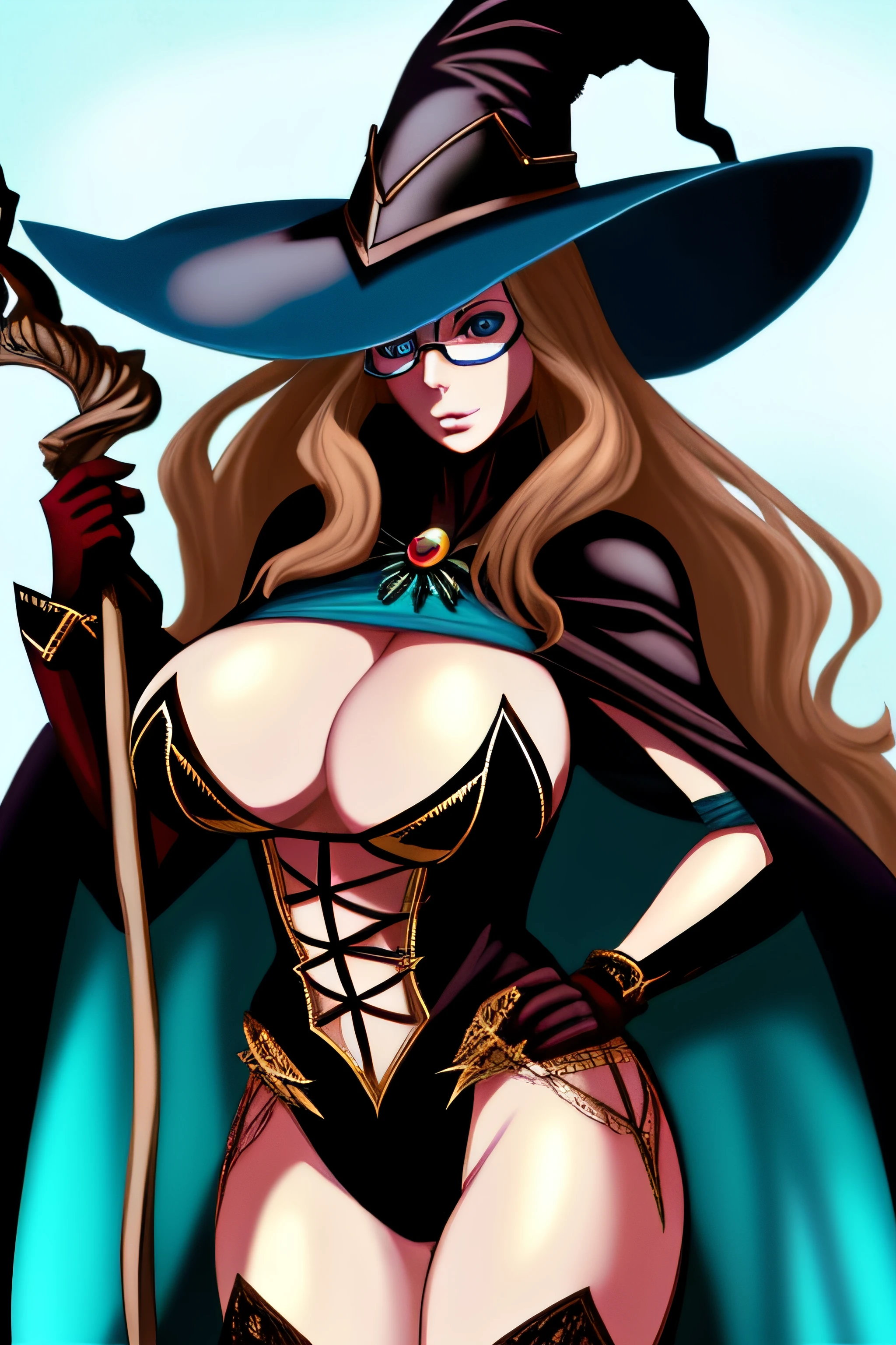 Maria brink a very beautiful animated sexy woman with a large hat and large wings with a staff, 1girl, breasts, hat, witch hat, solo, long hair, green eyes, glasses, staff, huge breasts, big tits, supple , sexy legs, sexy hips, beautiful face, hannahowo, edgOrgasm, face focus, edgOrgasm_face, Maximoff, cleavage, cape, gloves, helmet, brown hair, blue eyes