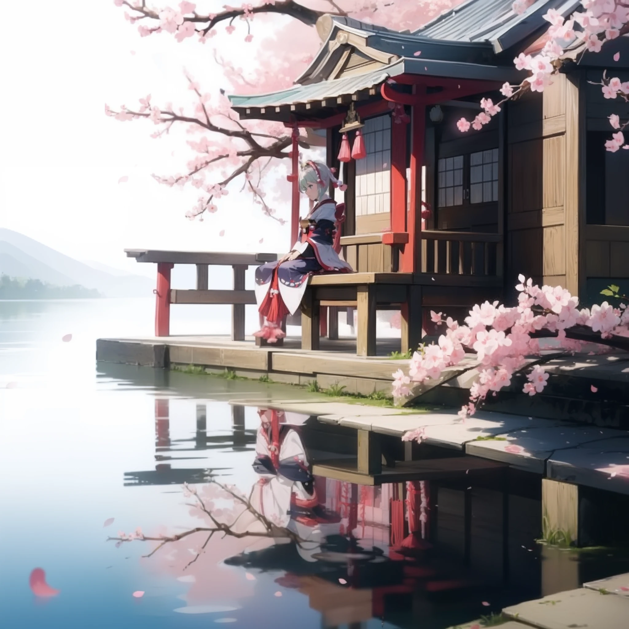 cherry blossom petals pattern, white background, sitting in the middle, inside in the circle in the middle, water reflection, shrine maiden outfit