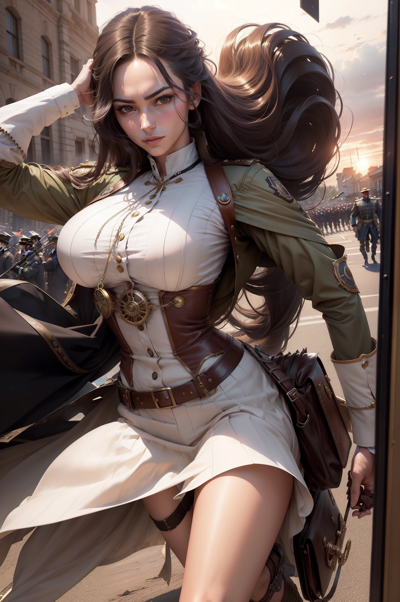 parade, steampunk, army marching, crowd, steampunk uniform, uniform hugo boss, sunset, realistic, epic, hd, pov, long hair waving in wind, gaphic,