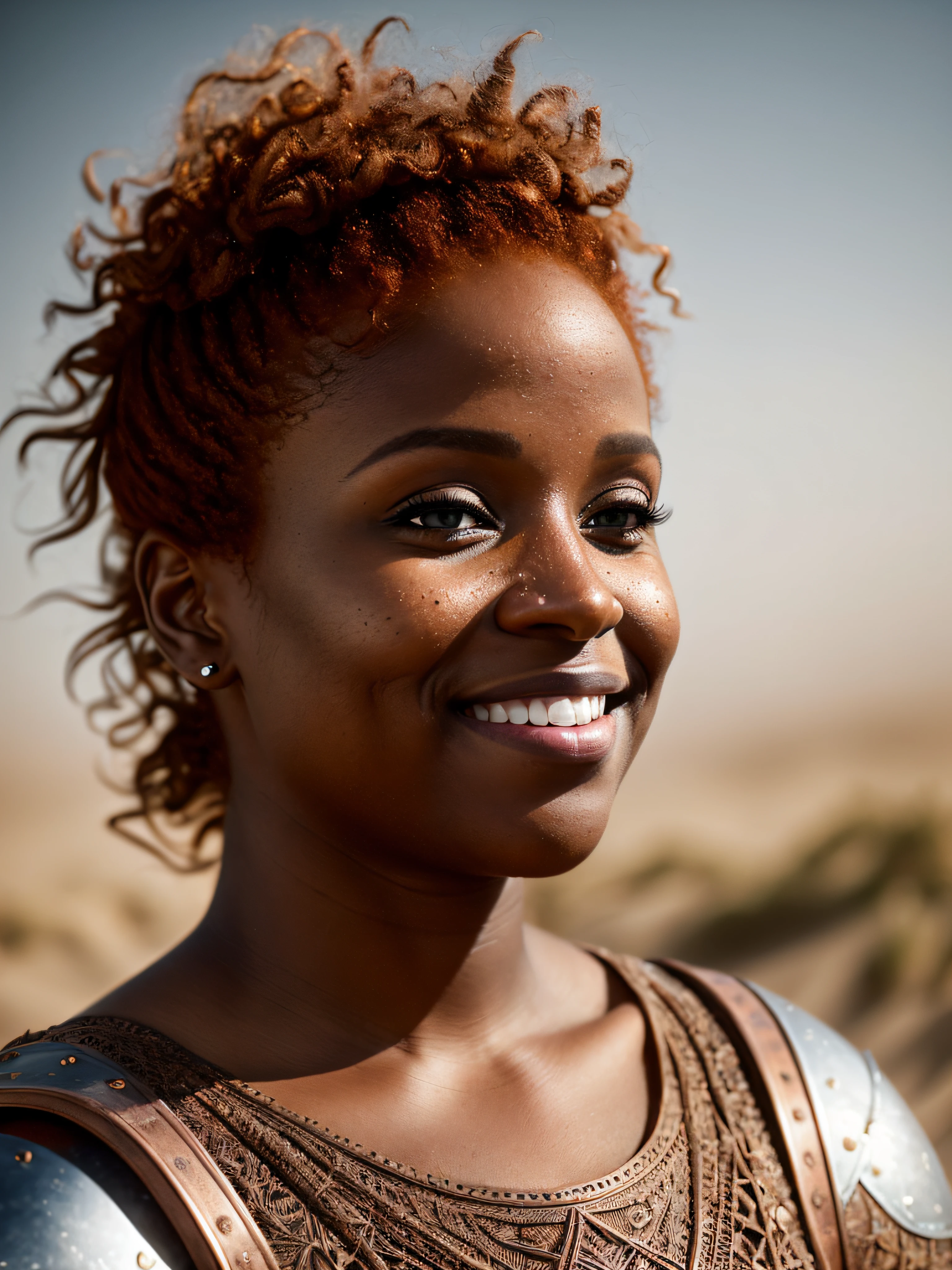 Photo, Raw, [bokeh], shallow DOF, sharp eyes focus , redhead, thicc body, full body shot, alone, ((30 year old black woman )), (((ultra realistic detailed eyes))), intricate eye details, cute smile, sweaty, wearing medieval copper plate armor , model shoot pose, ultra skin texture, ((ultra skin details)), skin imperfections, intricate details, ( sitting in dark sand dunes  ), long messy hair, fog, volumetric lighting, ((streaking light across face)), hair light, bloom, golden hour, dark shadows, visually interesting , low key, ultra realism