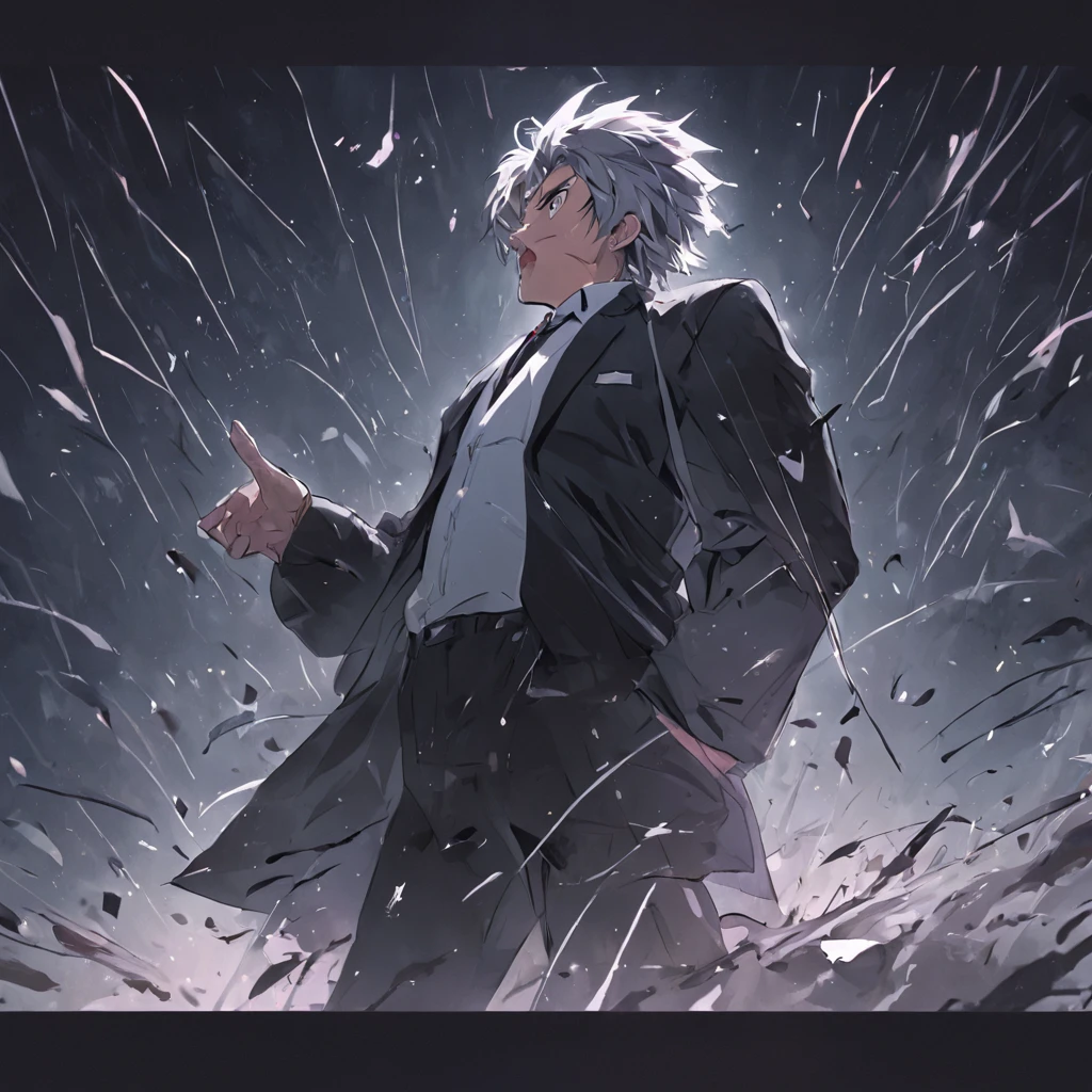 4K, ,middle aged man,Big back,Black and white hair,wounded,Stick to the wall,Fall to the ground,bleed,wind coat,Business suit,irate ,Exaggerated expressions,two tone color hair, Detailed face, Detailed background, Inside the museum,Detailed interior background,The contour is sharp