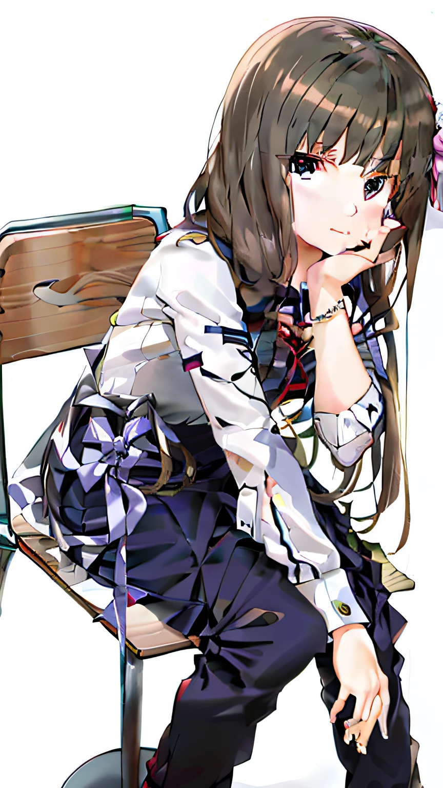 Anime girl sitting in chair，Hand on chin,Beautiful Anime High School Girls