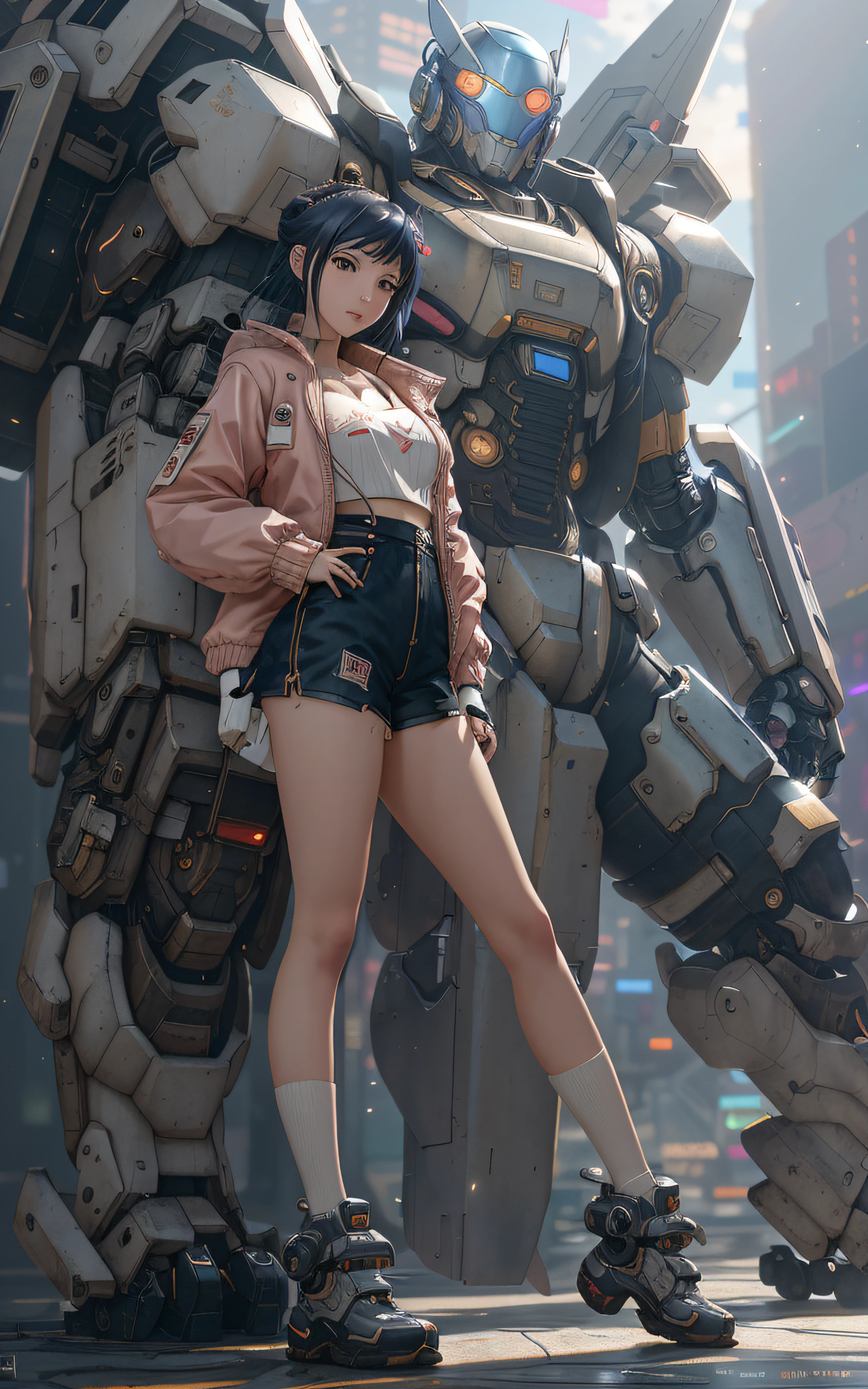 anime girl in short shorts and jacket standing next to giant robot, artwork in the style of guweiz, cyberpunk anime girl mech, trending on cgstation, guweiz, by Russell Dongjun Lu, digital cyberpunk anime art, ross tran 8 k, guweiz on artstation pixiv, girl in mecha cyber armor