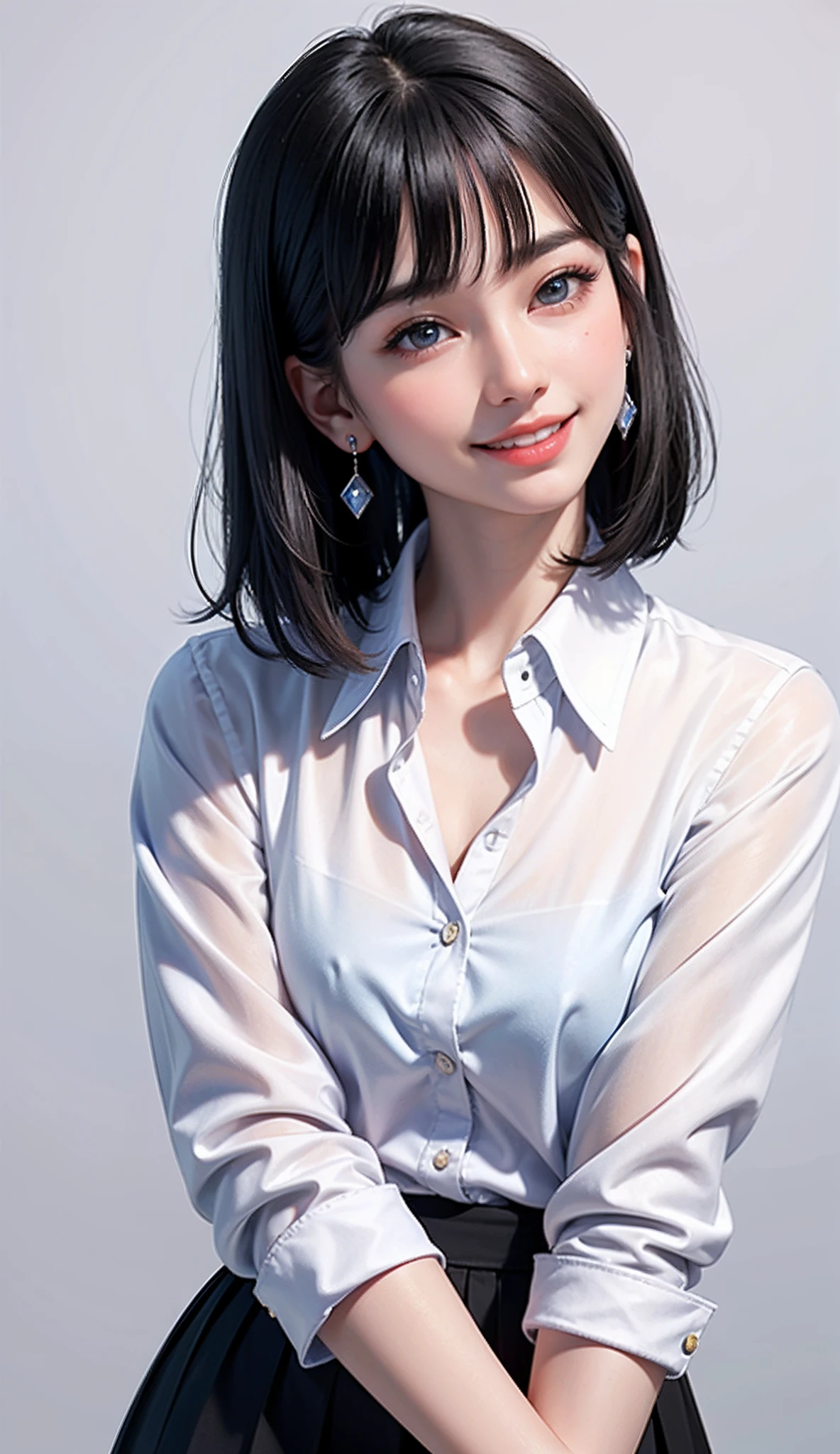 (high-level image quality、high-detail、hightquality、hight resolution、Draw everything in high resolution)、Intense crystal light blue eyes、Small diamond-shaped earrings、Look firmly at the camera、Put your ears out、Put out both ears、Beautiful short black hair、Beautiful very short beautiful hair with bangs、beautiful decollete、Beautiful 28 years old、lipgloss、long neck、Happy smile、Beautiful teeth alignment、Beautie、Pretty Woman、Open collar white business shirt、Smile at your audience、Beautiful teeth、Beautiful teeth alignment、Smaller face、tall supermodel、Supermodel with broad shoulders