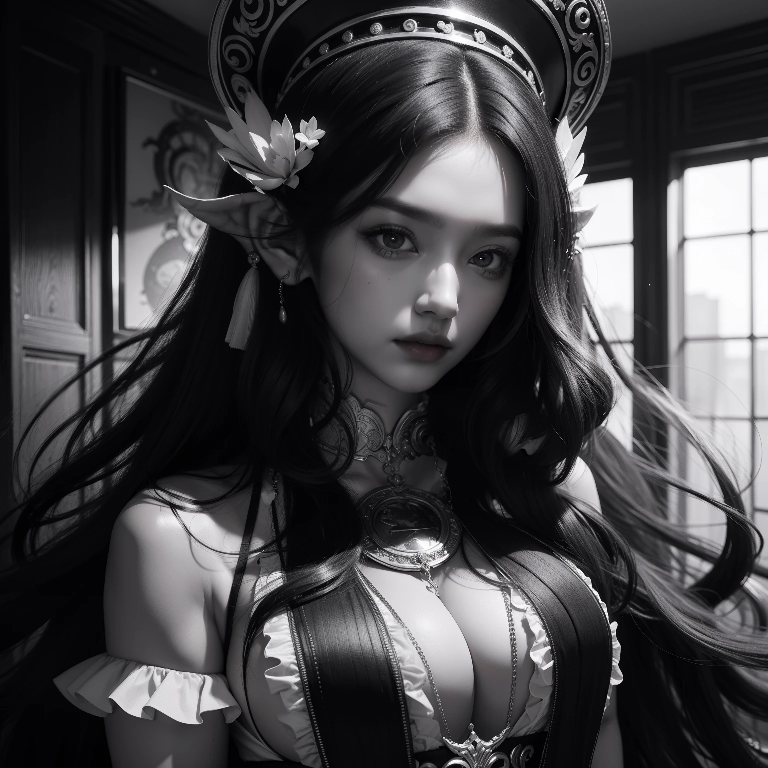 Black hair, Black and white filter, Bigchest, big assa, a sense of atmosphere, Long hair, Slightly curly hair, goddes, surrealism, 8K, Super detail
