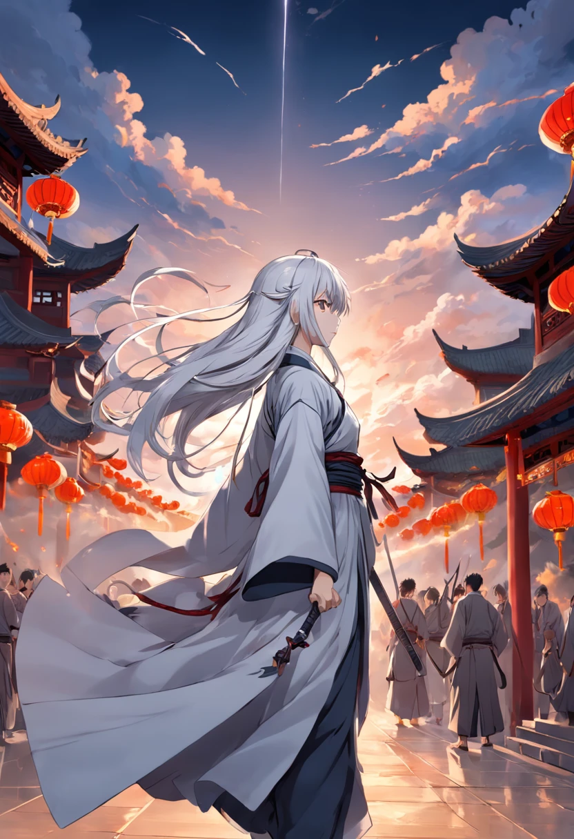 China-style,swordsman,Young gray hair,long and flowing hair,white colors