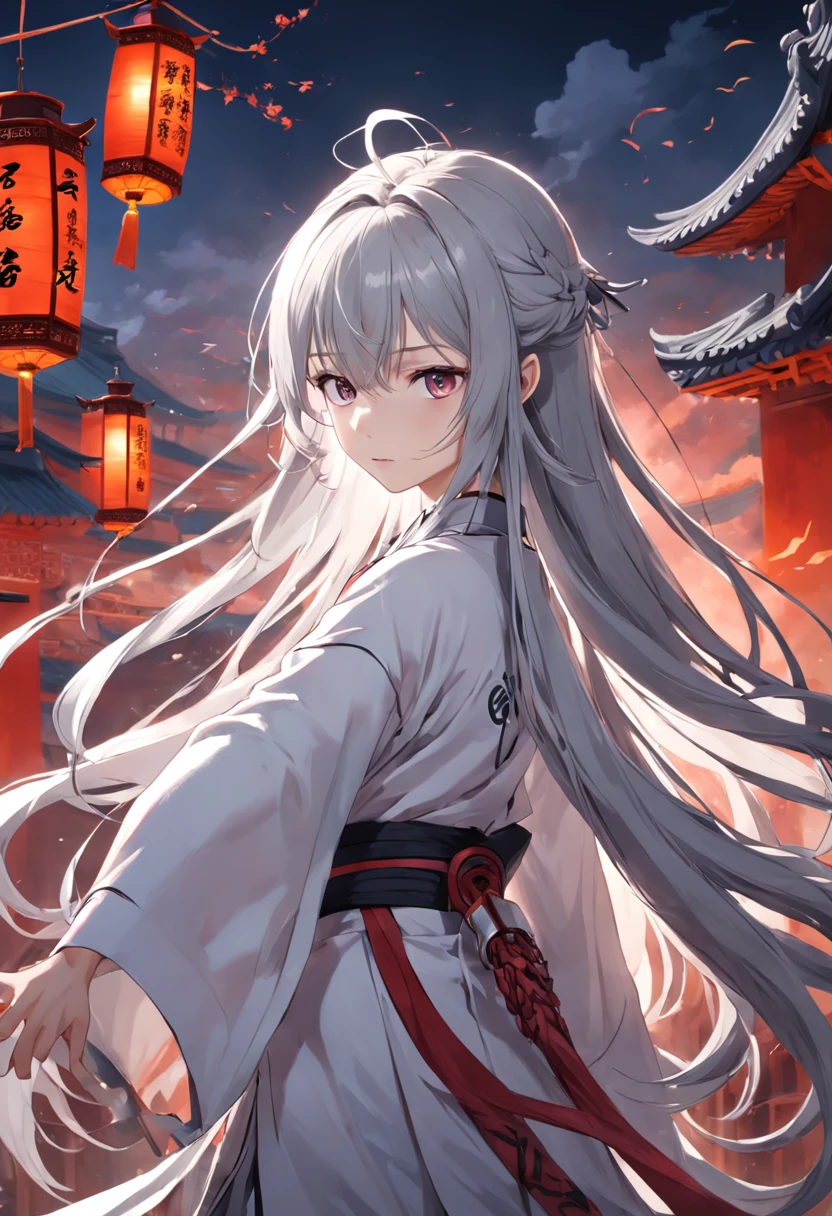 China-style,swordsman,Young gray hair,long and flowing hair,white colors