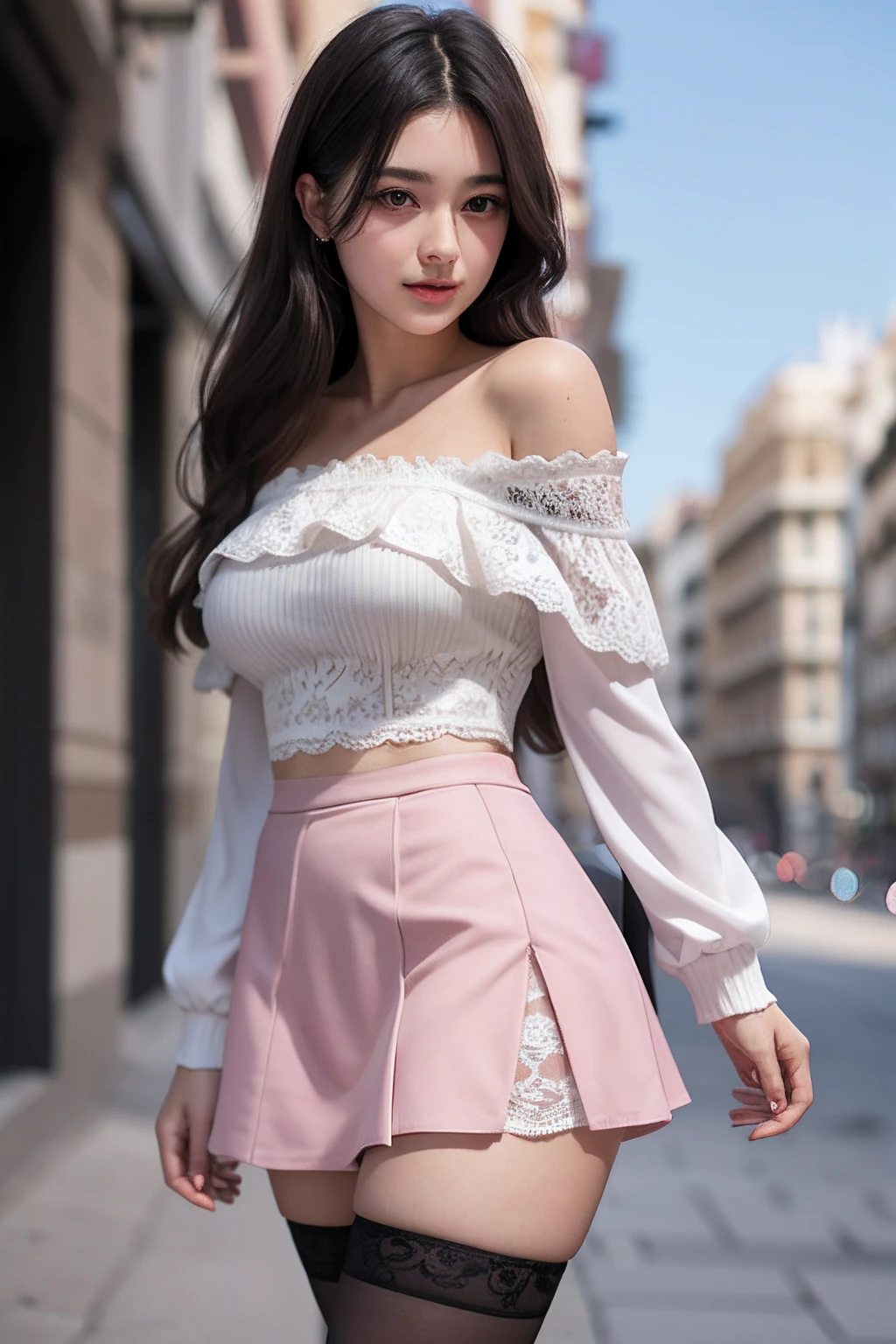 a beautiful yo madrid woman, off shoulder lace, high waist short skirt , thighhighs