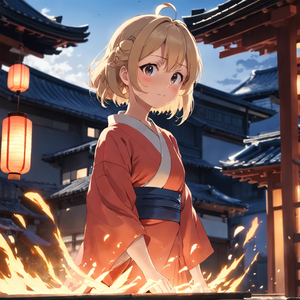 masutepiece, Best Quality, Movie Still, Women, suburban, japanese architecture, close-up, Bright, Happy, Warm and soft lighting, Sunset, (sparks:0.7)、Uchiwa、a blond