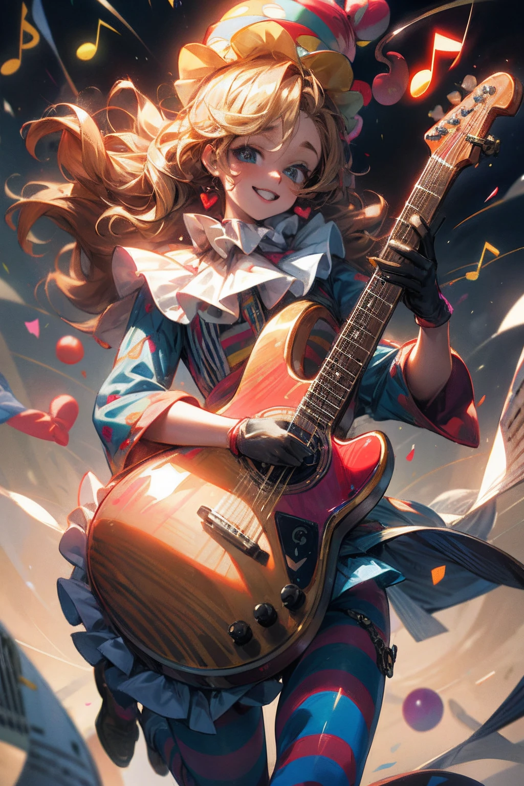 HDR,UHD,8K, best quality, masterpiece, Highly detailed, golden hour lighting, physically-based rendering, 1boy, solo,
a ((clown))). colorful, ((clown hat and flowers)), clown costume, gloves, heart drawing on face, dark blonde hair,(happy), smile,cute,music, guitar 🎸,((musical notes floating around her🎶:1.2)) singing,white face, wavy hair, hair bun, 
(upper body) full body,
