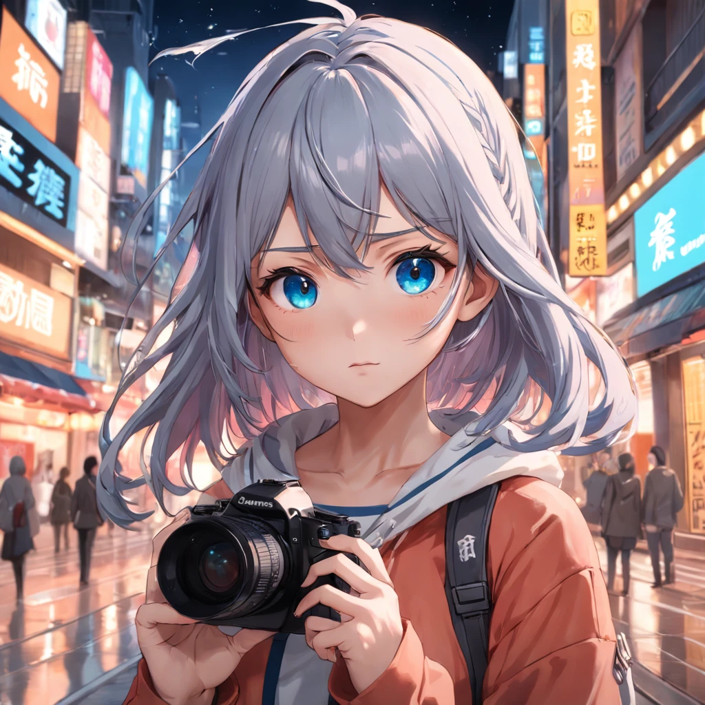There was a woman standing in the street with a camera, Realistic anime 3 D style, 8K selfie photos, a beautiful anime portrait, Photorealistic anime, Anime style. 8K, realistic anime artstyle, Stunning anime face portrait, anime realism style, Kawaii realistic portrait, 3 d anime realistic, portrait anime girl, realistic art style, Anime style 4k