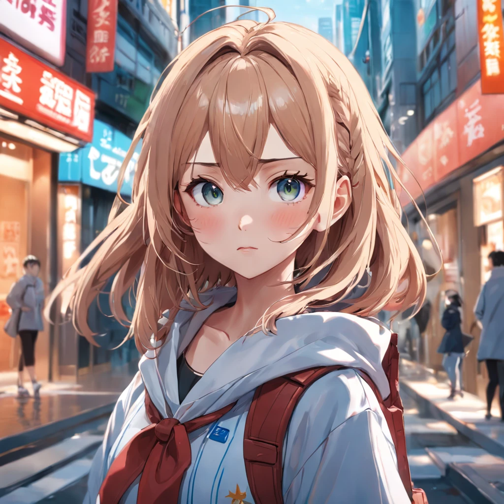 There was a woman standing in the street with a camera, Realistic anime 3 D style, 8K selfie photos, a beautiful anime portrait, Photorealistic anime, Anime style. 8K, realistic anime artstyle, Stunning anime face portrait, anime realism style, Kawaii realistic portrait, 3 d anime realistic, portrait anime girl, realistic art style, Anime style 4k