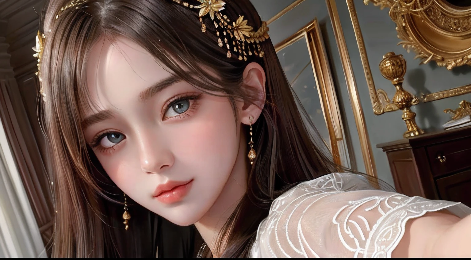 Best quality, Masterpiece, Super high resolution, (Realism: 1.4), Original photo, (Real skin texture: 1.3), (filmgrain: 1.3), (Selfie angle), 1 girl, Beautiful Eyes and Face Details, Masterpiece, Best quality, Close-up, Full picture quality of the highest quality on the upper body, Zodiac art style