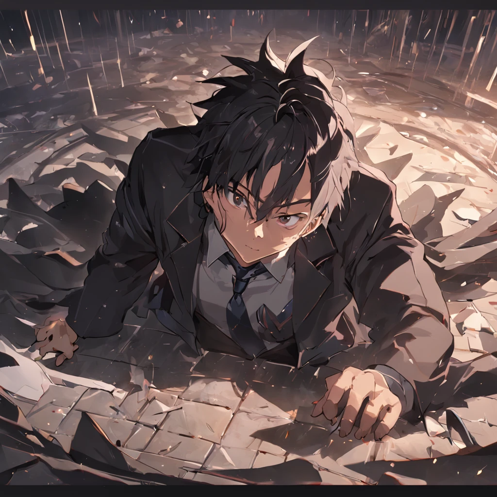 4K,   ,middle aged man，stubbles，hoary，Big back，Black and white hair，wounded，Lie on the ground，Fall to the ground，bleed，wind coat，Business suit，two tone color hair，废墟，Cluttered Background， Detailed face, Detailed background,  Inside the museum，Detailed interior background，The contour is sharp