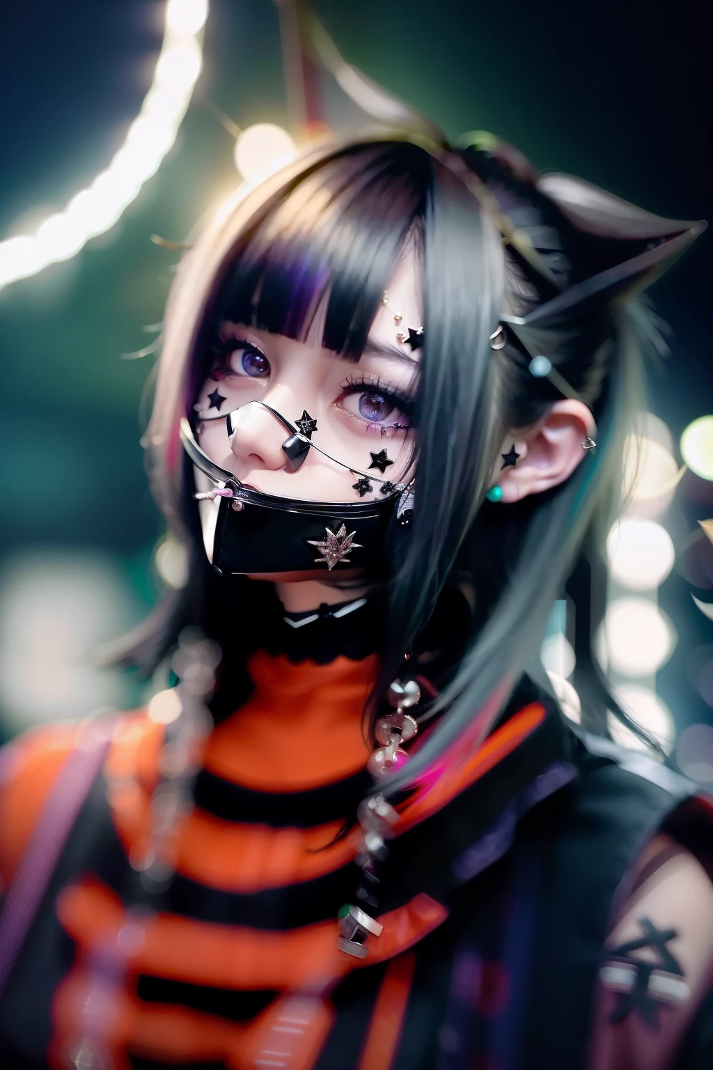 (((A dark-haired))),goth_punk, 1girl in, 独奏, medium shot, Walking in Harajuku, ((during night)), bokeh dof, Neon light, Iridescent eyes, starrysky, White shiny hair, White eyebrows, Radiant hair, (iridescent white hair), 耳Nipple Ring, bangss, jewely, masks, bluntbangs, verd s eyes, Mouth mask, blurry backround, bblurry, hair adornments, Look at viewers, shorth hair, portraitures, side locks