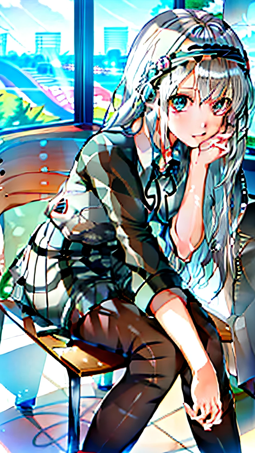 Anime girl sitting in chair，hand on chin, gapmoe Yandere, Beautiful Anime High School Girls, Surrealism female students, anime visual of a cute girl, Realistic schoolgirl, Smooth anime CG art, the anime girl is crouching, Surrealism female students, Yandere, Kantai collection style, anime moe art style, visual novels CG