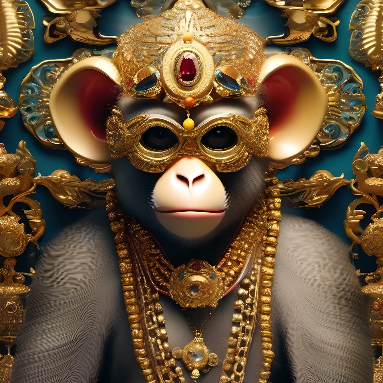 Golden Monkey adorned with a magnificent assortment of jewelry, including gem-encrusted goggles that reflect the surrounding opulence. The monkey's attire exudes extravagance, an elegant blend of precious metals and gemstones. The background showcases an indulgent showcase of gleaming jewels, creating a sense of awe-inspiring beauty. Captured from a low angle, the composition enhances the monkey's grandeur, drawing attention to its commanding presence. The interplay of soft lighting and rich colors adds a touch of elegance, while the meticulous attention to detail speaks volumes about the photographer's skill.