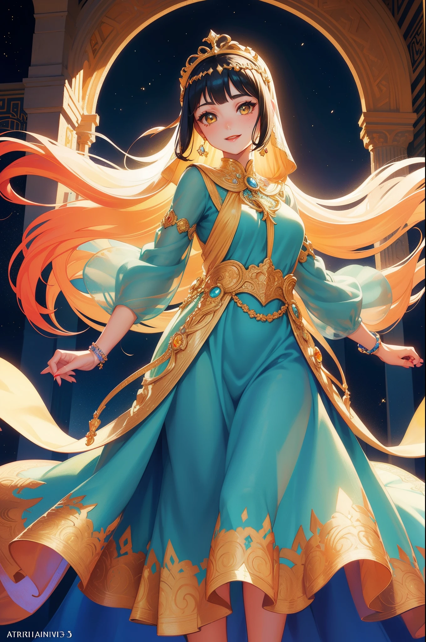 (Masterpiece), (best quality), illustration of young girl with freckles、blushed, anime, 1. **fashion**: wearing Arabian night style attire, 2. **hairstyle on**: (very very long shining bright transparent Hair:1.5), tie her hair up, hair color is platina blond, transparent and shining hair, 3. **Features**: (((a girl like Audrey Hepburn in Roman Holiday))), (smiling), (best angle), Looking to the Viewer, Contemporary Girl),(Big yellow crystal eyes), (round red lips), girl features with soft features、Beautiful、warm atmosphere, intelligent Beatty, Beautiful, smiling, happy, thinking about her boyfriend, looking to the viewers, 4. **accessorized**:Accessories play important role to express her feeling, By drawing accessories with attention to detail、You can give your character personality. 5. **background**: (Arabian night background:1.4), (shining brightly), ((dazzling)), ((3D)), ((paper art:1.3)), (((colorful tone))), (Art Nouveau illustration:1.3, paper art:1.4), (Reasonable design, Clear lines, High Sharpness, Best Quality, Very detailed, masterpiece, Movie Light Effects, 8K), (3D), Colorful, Happy, best angle, fashion photo , model, cool
