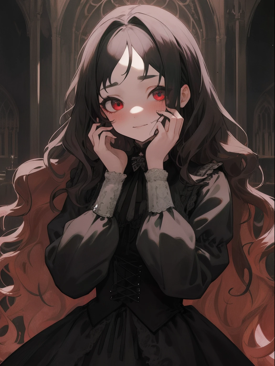 masterpiece, top-quality, 1girl in, The upper part of the body, History reference: World of Gothic Horror、hairstyle on: long, Wavy Hair、garments: Gothic dresses and corsets、accessorized: In beats、up of face、Hands on cheeks、frontage、bustup