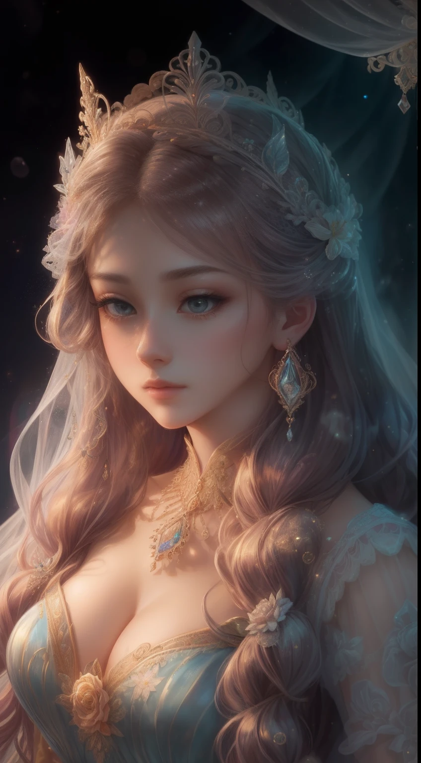 tmasterpiece,Highest high resolution,Beautiful aristocratic maiden,Delicate braided hair,Coiled hair,Shining clear eyes,The hair is covered with beautiful and delicate floral craftsmanship, crystal、Diamond jewelry filigree,Ultra-detailed details,upscaled,softlighting。Pastel, Dreamy, Whimsical, Delicate, Gorgeous golden shell crown, Epic surrealism, The upper part of the body,Meticulous, Magnificent, max details, extremely hyper aesthetic,upscaled