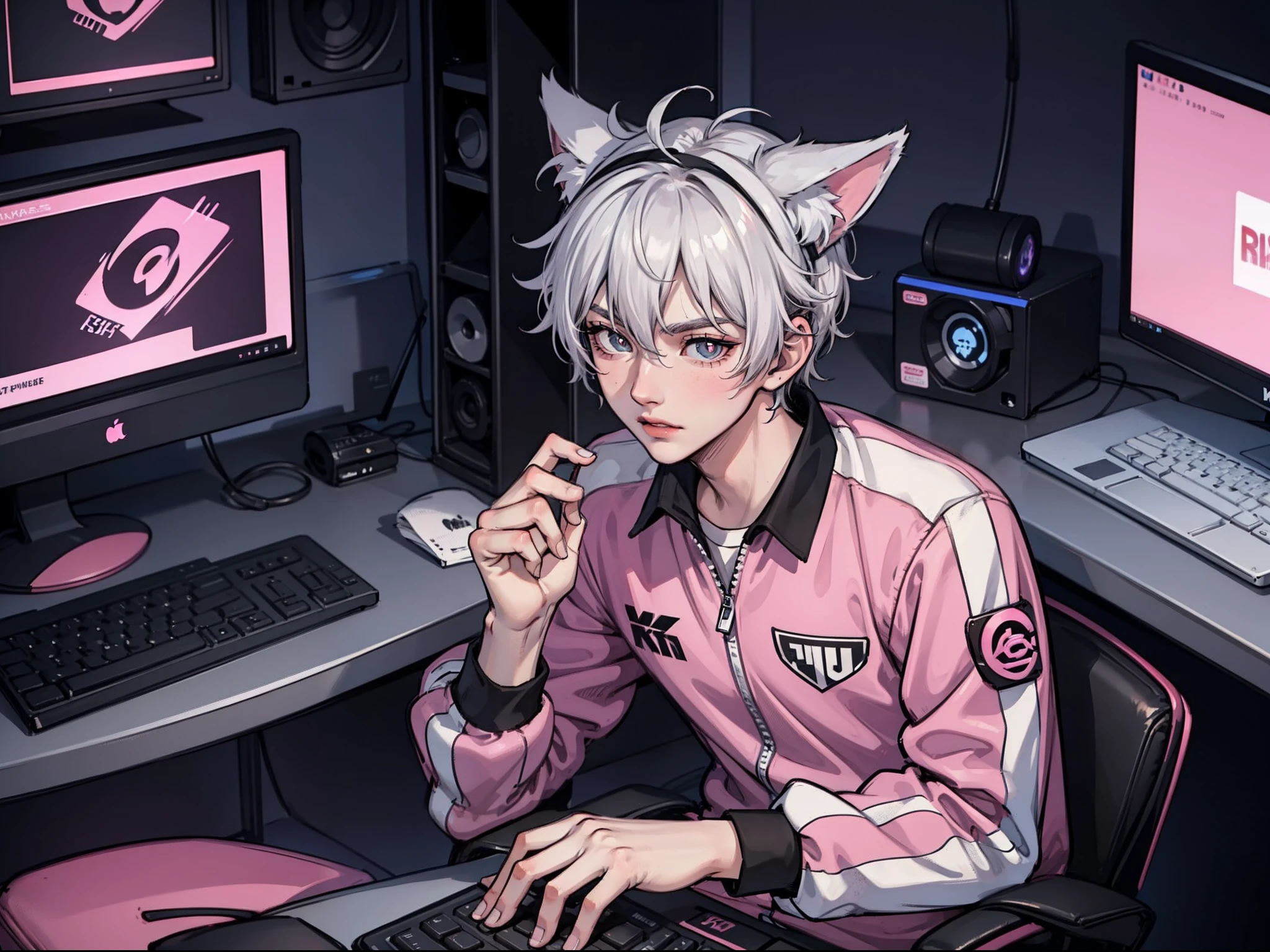 high definition 4k,Anime style sports teenager,A boy,Hand detail,intricate face details,Short silver-white hair,Pink pupils,wearing cat ear headphones,Wear a game team outfit,Sports suit,sitting in front of the computer,In the background is a room full of esports atmosphere,detail-rich,Mainly black and pink color scheme,Sporty style rendering