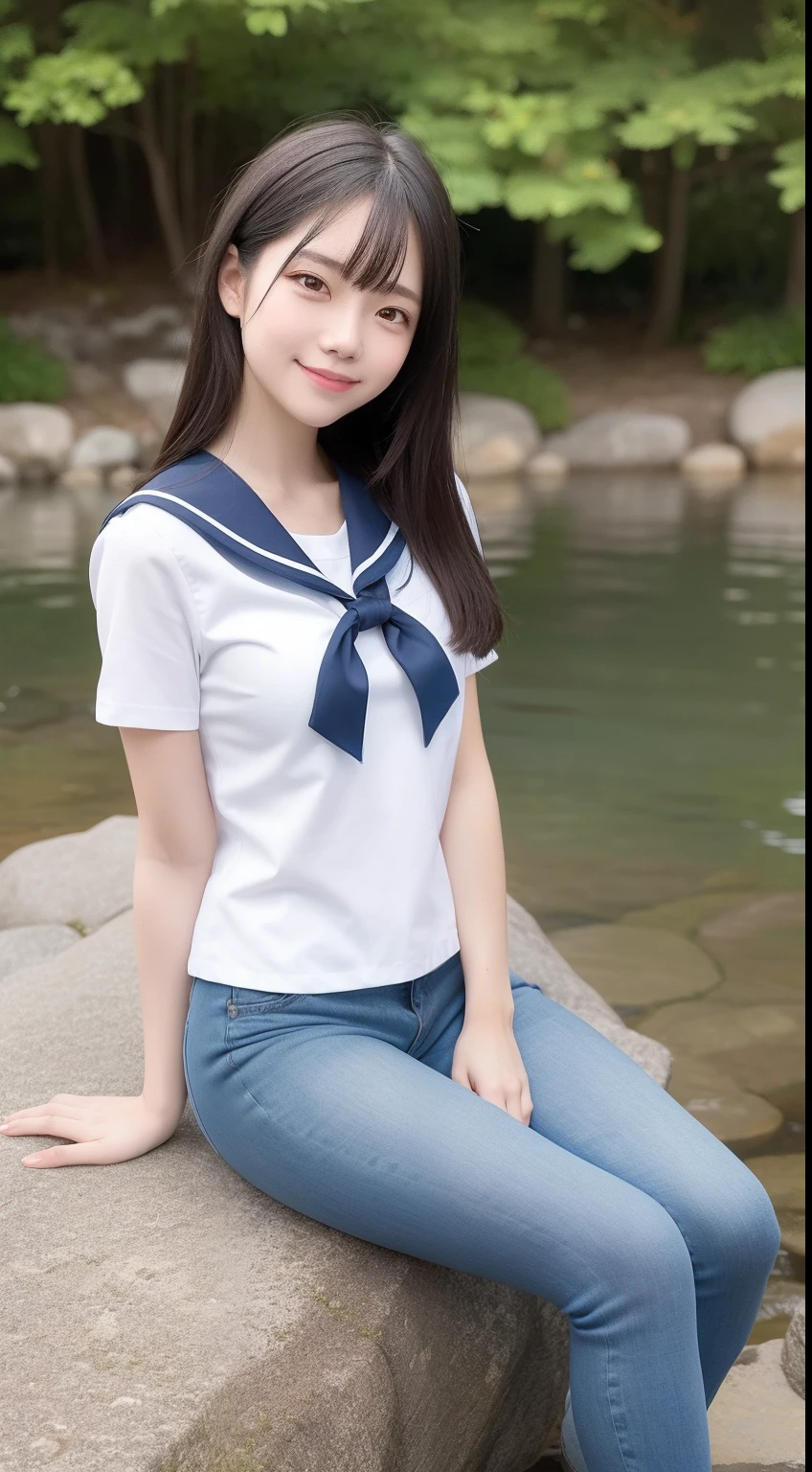 A smiling girl，In sailor suit，Blue skinny jeans，Sitting on a large rock by the pond，com rosto detalhado，The eyes are delicate，The photo quality is the best，Realistic image quality，Background diffuse lighting，Depth of field display。