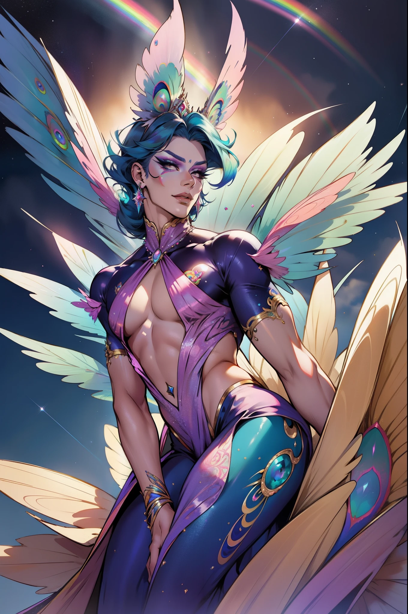 "A mesmerizing male drag queen exuding an enchanting and celestial presence, embodying the vibrant hues and gracefulness of a majestic rainbow peacock."