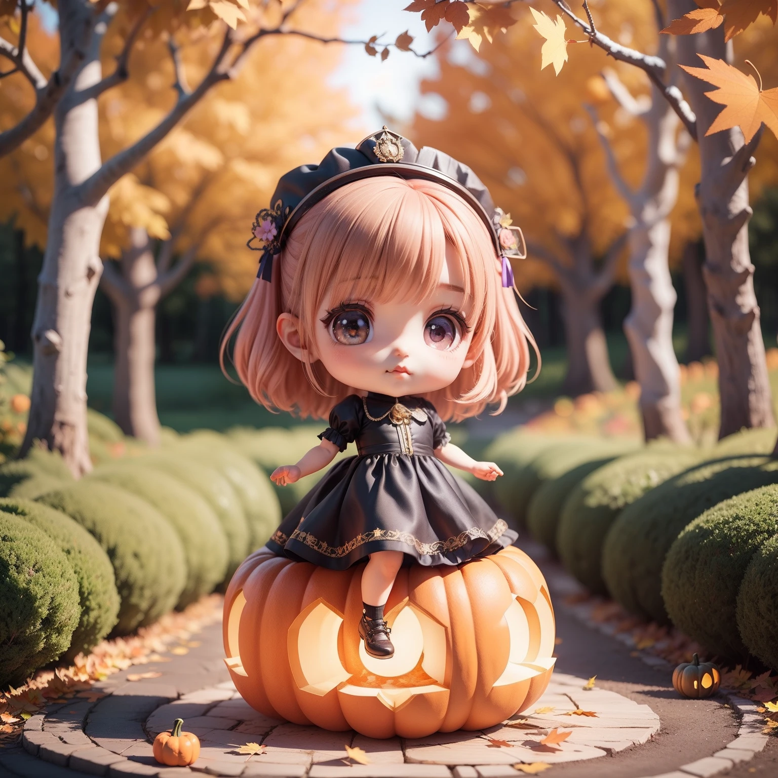 Cute Chibi Anime,(((Chibi 3D))) (Best Quality) (Master Price)、Chibi Model、Black and purple dress、hairaccessories、Autumn in the fairytale forest、Lots of realistic pumpkins、On both hands、Have a retro lantern