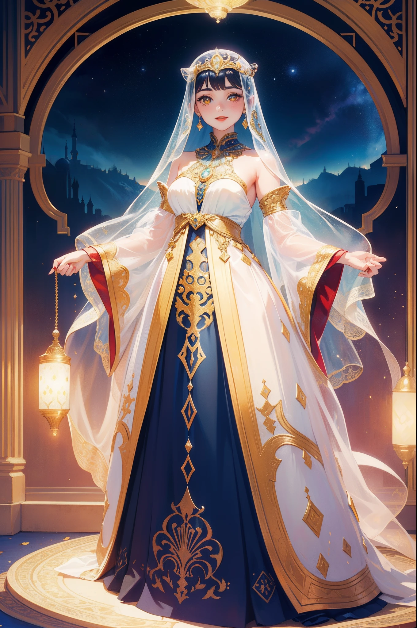 (Masterpiece), (best quality), illustration of young girl with freckles、blushed, anime, 1. **fashion**: wearing Arabian night style attire, 2. **hairstyle on**: (very very long shining bright transparent Hair:1.5), tie her hair up, hair color is platina blond, transparent and shining hair, 3. **Features**: (((a girl like Audrey Hepburn in Roman Holiday))), (smiling), (best angle), Looking to the Viewer, Contemporary Girl)，(Big yellow crystal eyes), (round red lips), girl features with soft features、Beautiful、warm atmosphere, intelligent Beatty, Beautiful, smiling, happy, thinking about her boyfriend, looking to the viewers, 4. **accessorized**:Accessories play important role to express her feeling, By drawing accessories with attention to detail、You can give your character personality. 5. **background**: (fantastical and translunar Arabian night background:1.4), (shining brightly), ((dazzling)), ((3D)), ((paper art:1.3)), (((colorful tone))), (Art Nouveau illustration:1.3, paper art:1.4), (Reasonable design, Clear lines, High Sharpness, Best Quality, Very detailed, masterpiece, Movie Light Effects, 8K), (3D), Colorful, Happy, best angle, fashion photo , model, cool