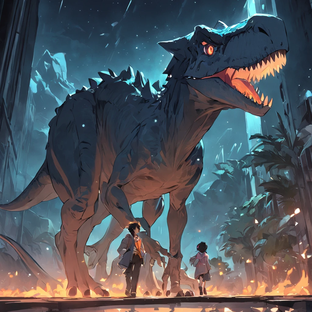 Dinosaurs carry wolves,Museum,nigth,Open your mouth,irate,There is also a bus in the photo,Collision with a bus,strike,The action is exaggerated